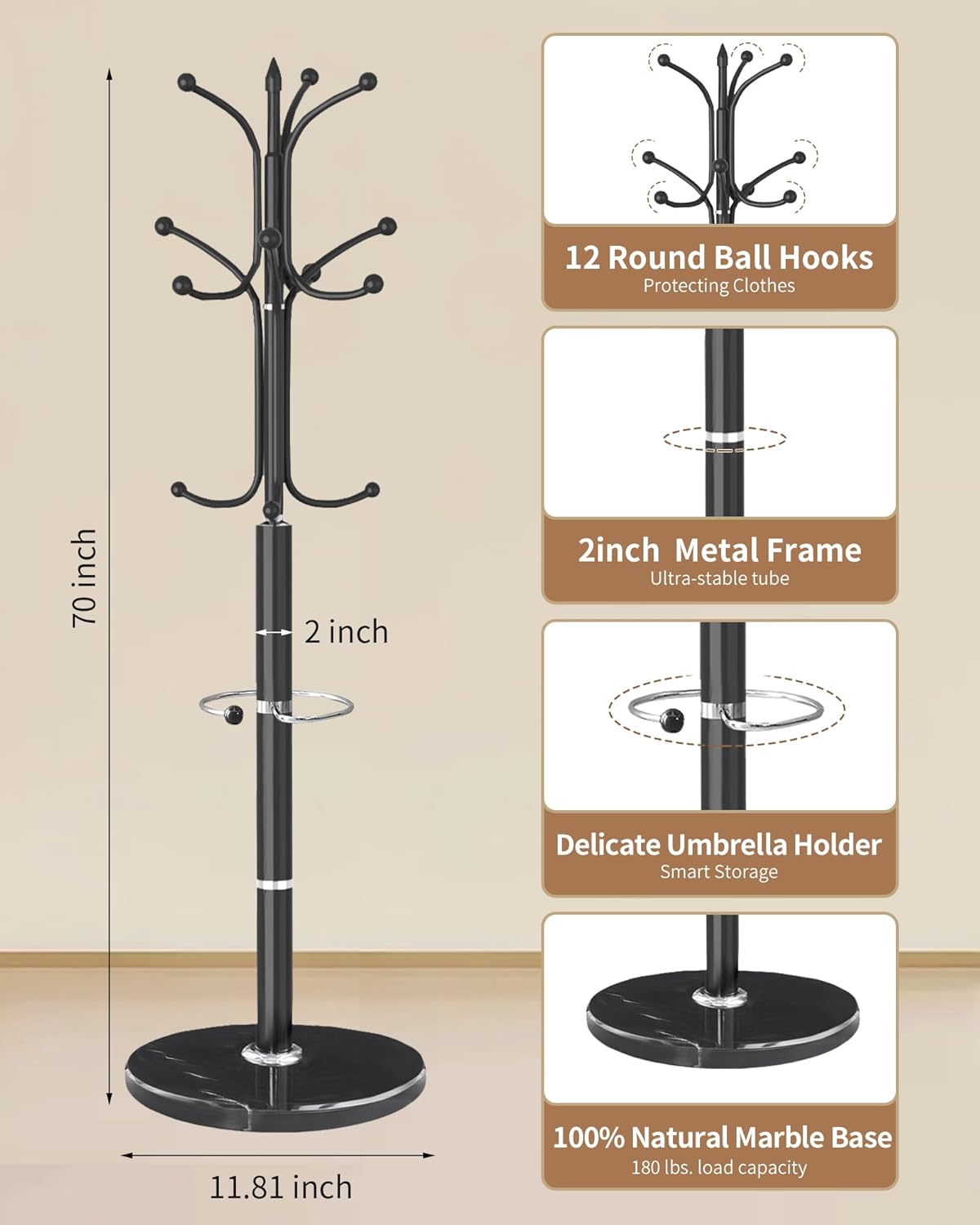 EZIVIEZ Modern Coat Rack Stand, Metal Freestanding Coat Rack with Natural Marble Base, Heavy-Duty Coat Racks with Umbrella Holder,Black Coat Hanger Stand with 12 Hooks for Office, Entryway, Hallway