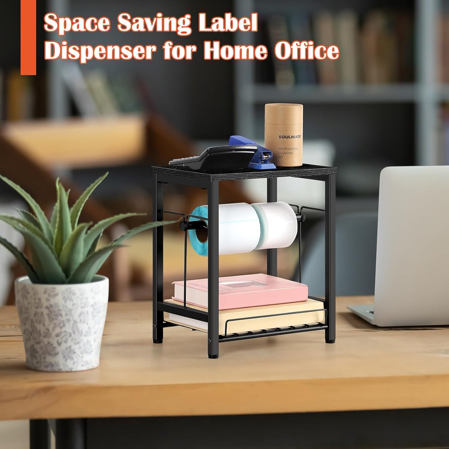 Label Holder for Rolls and Fan-Fold Labels, Wooden Thermal Printer Sticker Stand Shipping Label Holder with Basket, Black Label Roll Holder Dispenser for Home, Office, Small Business