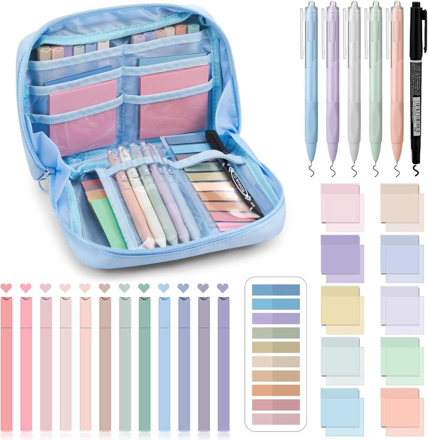 Jutom 39 Pcs Aesthetic Book Annotation Kit Highlighter with Pencil Case Bag Gel Pen Transparent Sticky Note Taking Bible Study College School Supplies(Blue,Kawaii Style)