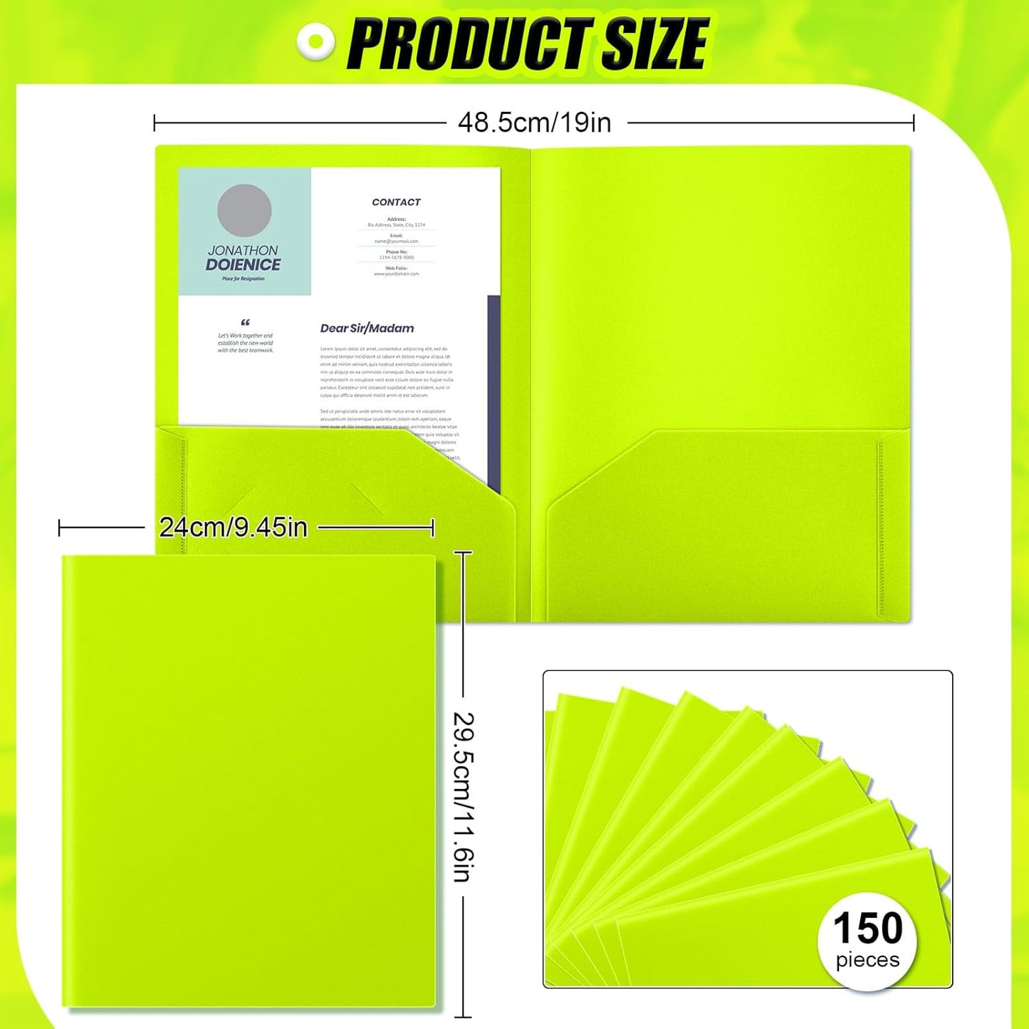 Gueevin 150pcs Plastic Folders with Pockets, Two Pocket Folder Fit 8.5 x 11 Inch Letter Size Paper, Heavy Duty School Folders Business Card Holder for Home Office School Bussiness (Bright Green)