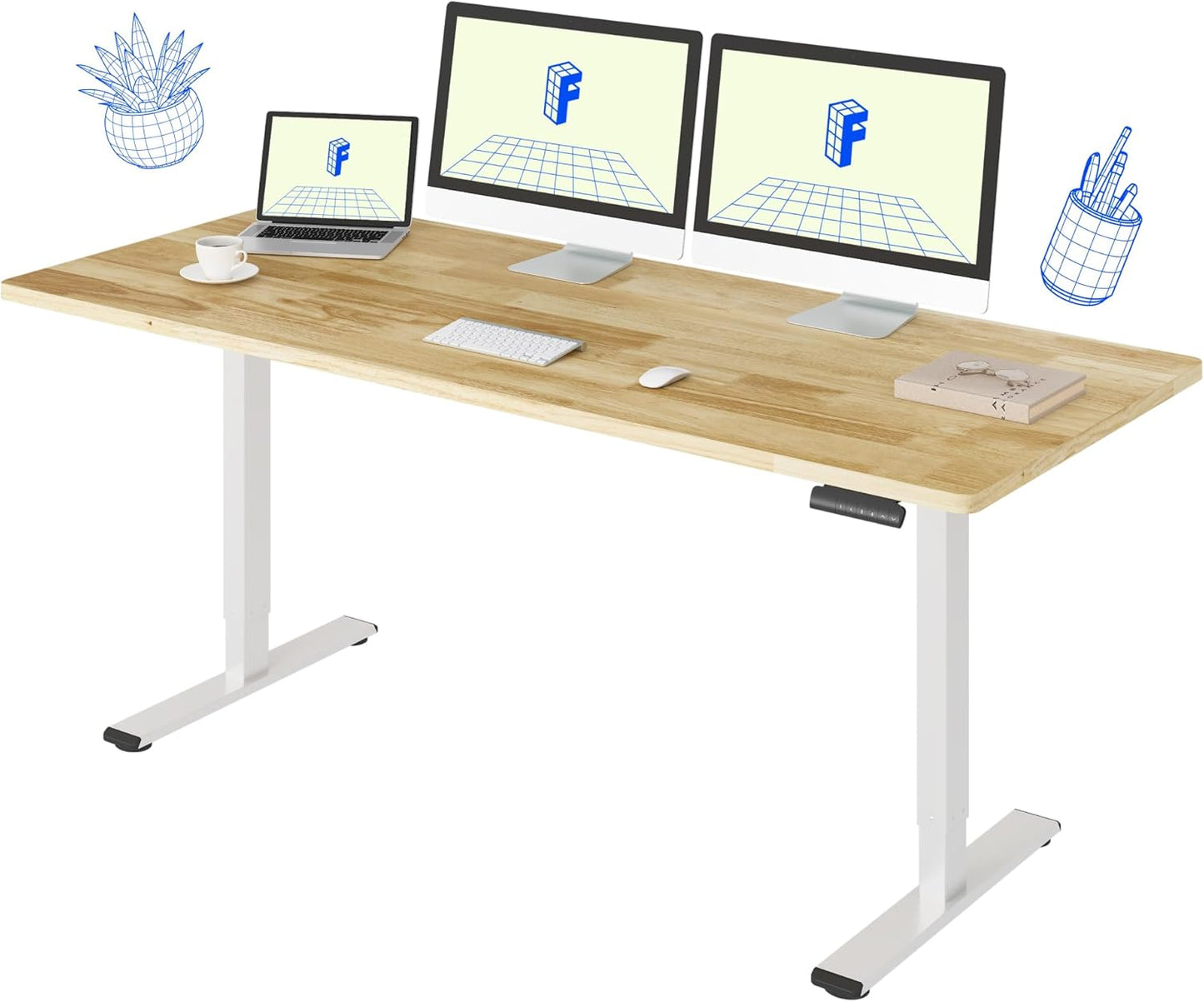 FLEXISPOT E3 Solid Wood Dual Motor Standing Desk 71x30 Inch Whole-Piece Board Electric Height Adjustable Stand Up Desk (White Frame + Rubber Wood Desktop)