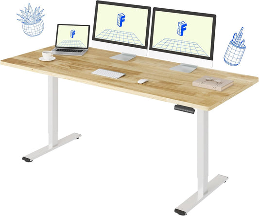 FLEXISPOT E3 Solid Wood Dual Motor Standing Desk 71x30 Inch Whole-Piece Board Electric Height Adjustable Stand Up Desk (White Frame + Rubber Wood Desktop)
