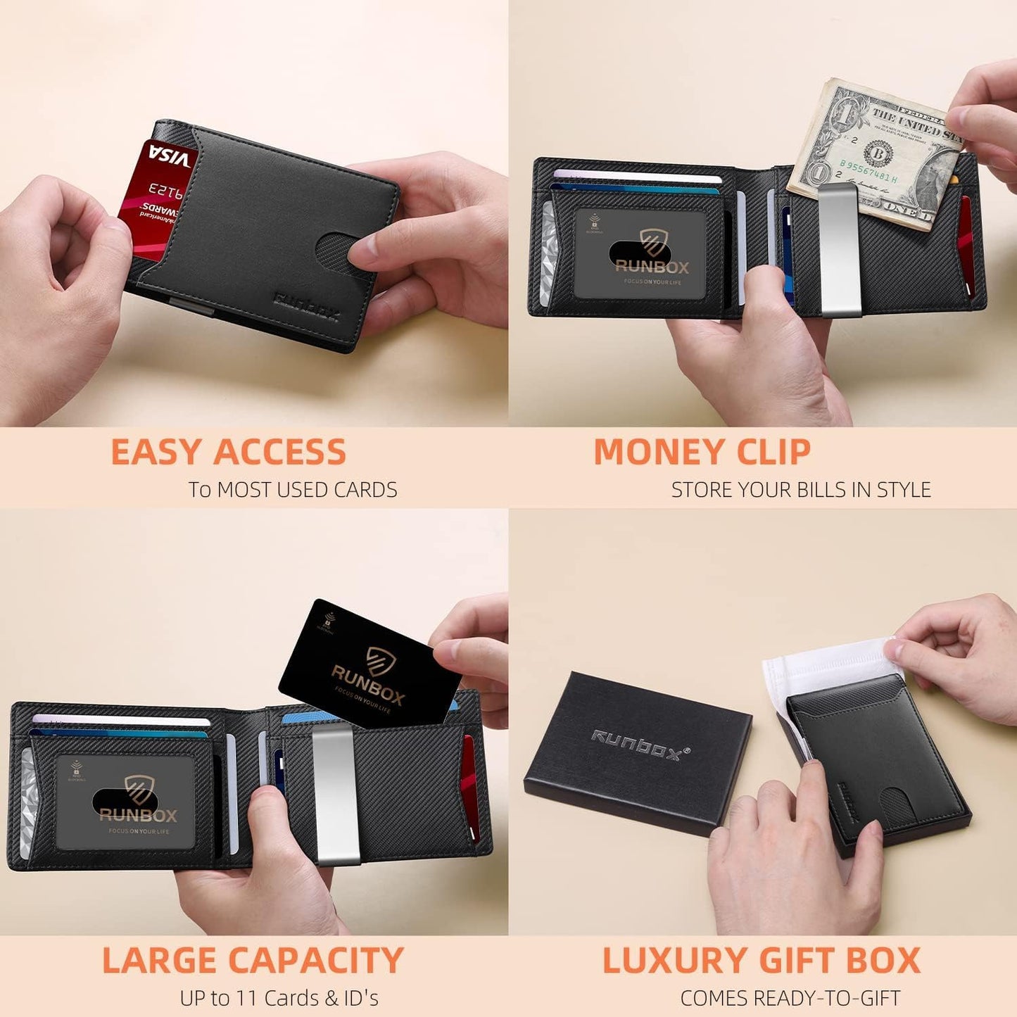 RUNBOX Slim Wallets for Men - Leather Money Clip Mens Wallet - RFID Blocking Front Pocket Bifold Wallet - Thin Credit Card Holder with Gift Box