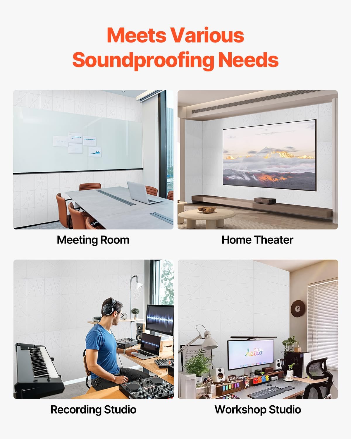 VEVOR 18 Pack Acoustic Panels with Self Adhesive, 11.8 x 11.8 x 0.4 inch Sound Proof Foam Panels, Polyester Fiber Soundproof Wall Panels High Density, for Home, Studio, Office, Theater, White