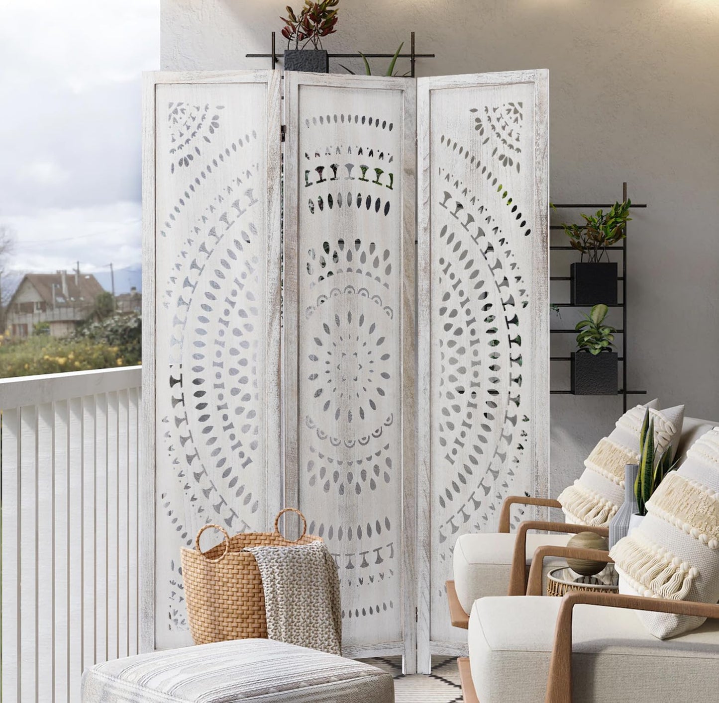 3 Panel Handcrafted Carved Room Divider Screen, 360° Adjustable Wood Folding Privacy Screens for Room Separation, 66.9 Inch Partition Room Dividers for Home Bedroom Office, White