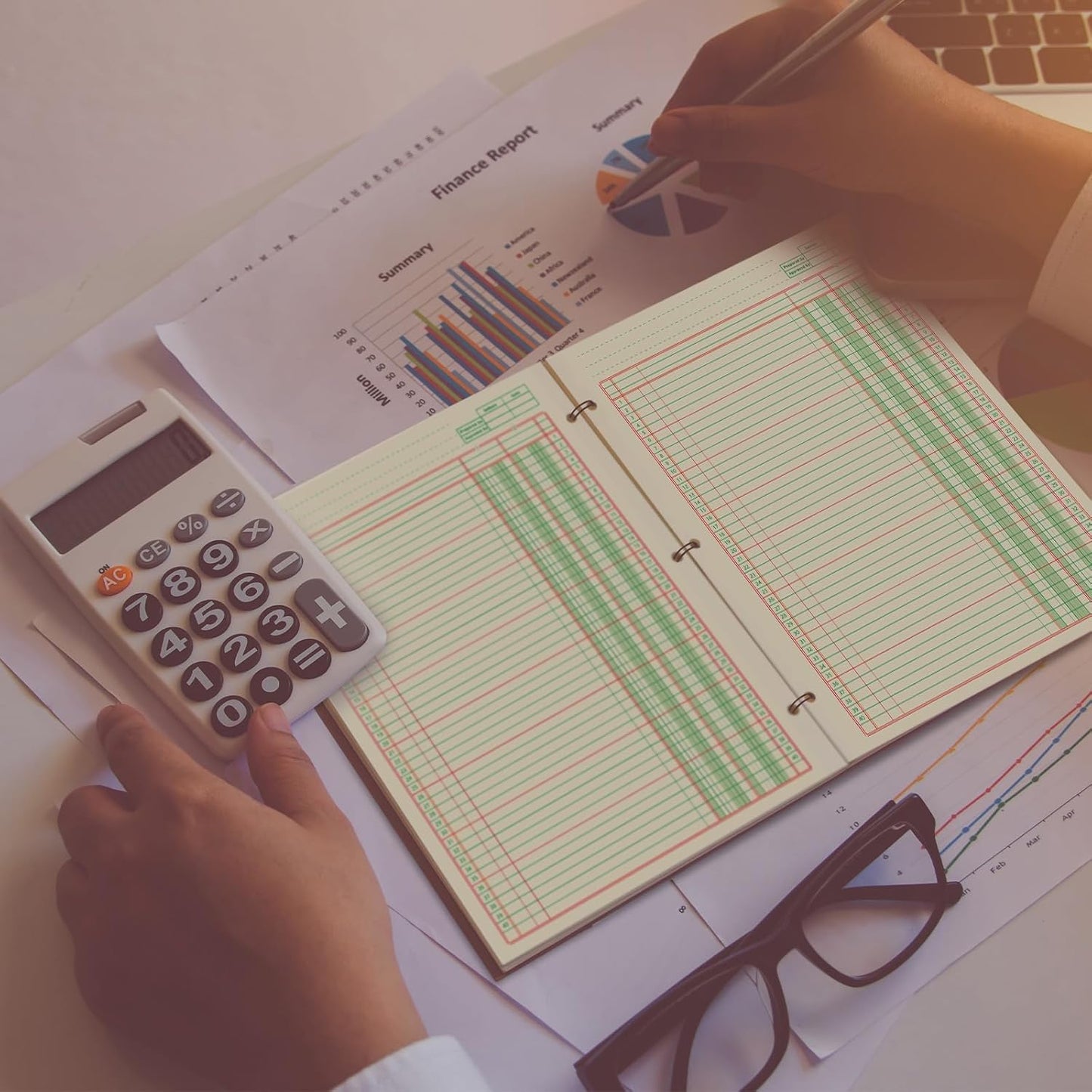 Fulmoon 5 Pack 250 Sheets Ledger Paper Accounting Columnar Pads 3 Hole Analysis Accounting Ledger Book for Business, 50 Sheets/Pack, Single Page Format, Green(8.5 x 11 Inch,2 Columnar)