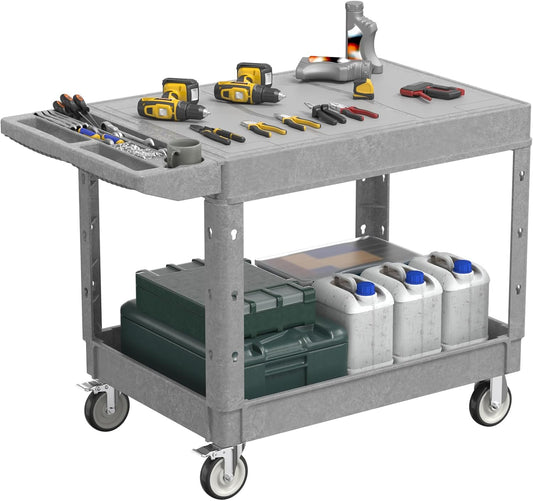 Large Garage Flat Top Utility Cart, Heavy Duty 2 Shelf Tool Cart Service Cart Rolling Push Carts with Ergonomic Handle 5" Swivel Casters.