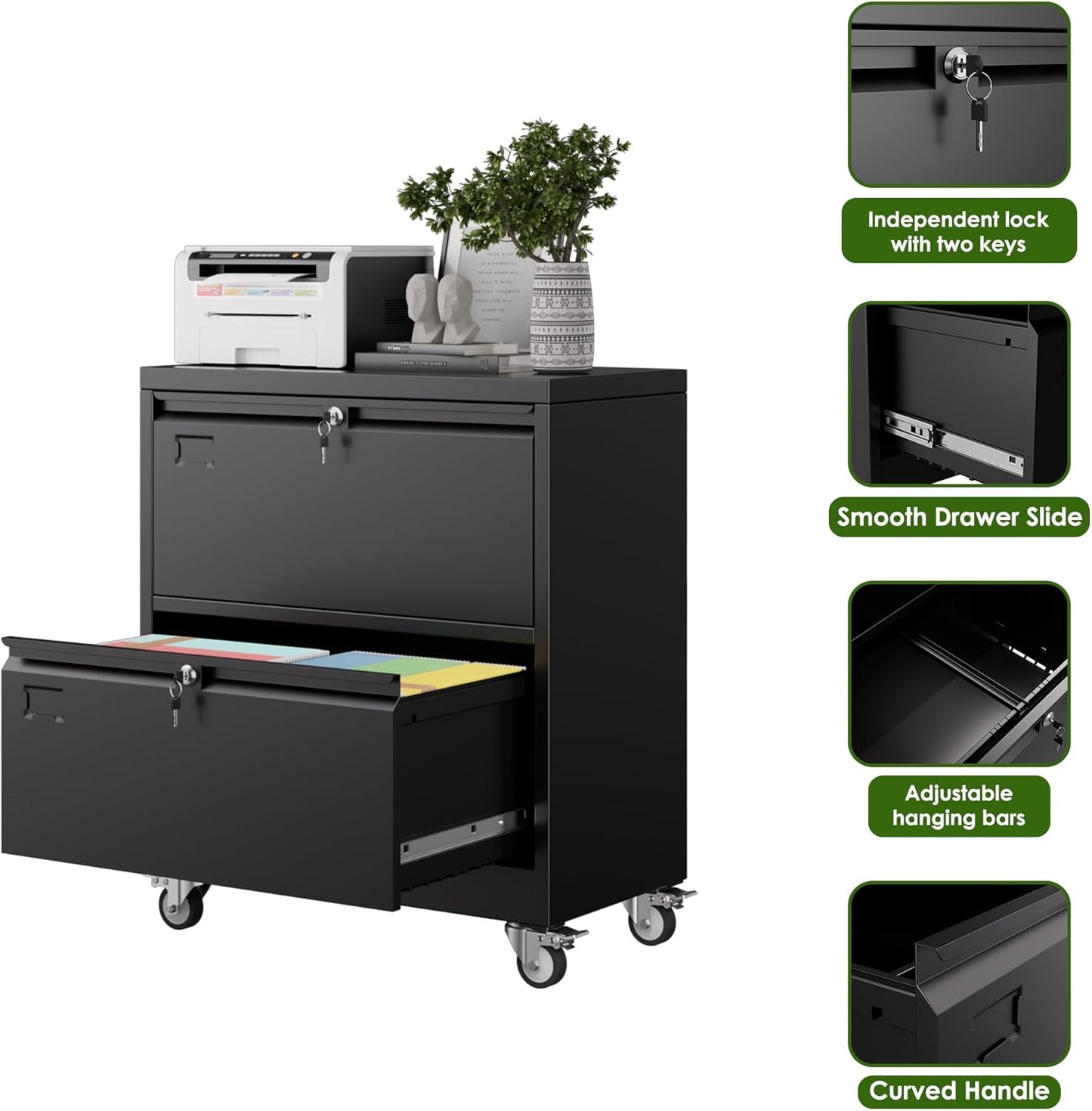 Aobabo 2 Drawer Wide File Cabinet with Wheels, Lockable Metal Filing Cabinet for Home Office, Legal/Letter Size,Black,Required Assembled,15.87" D x 28.94" W x 34" H
