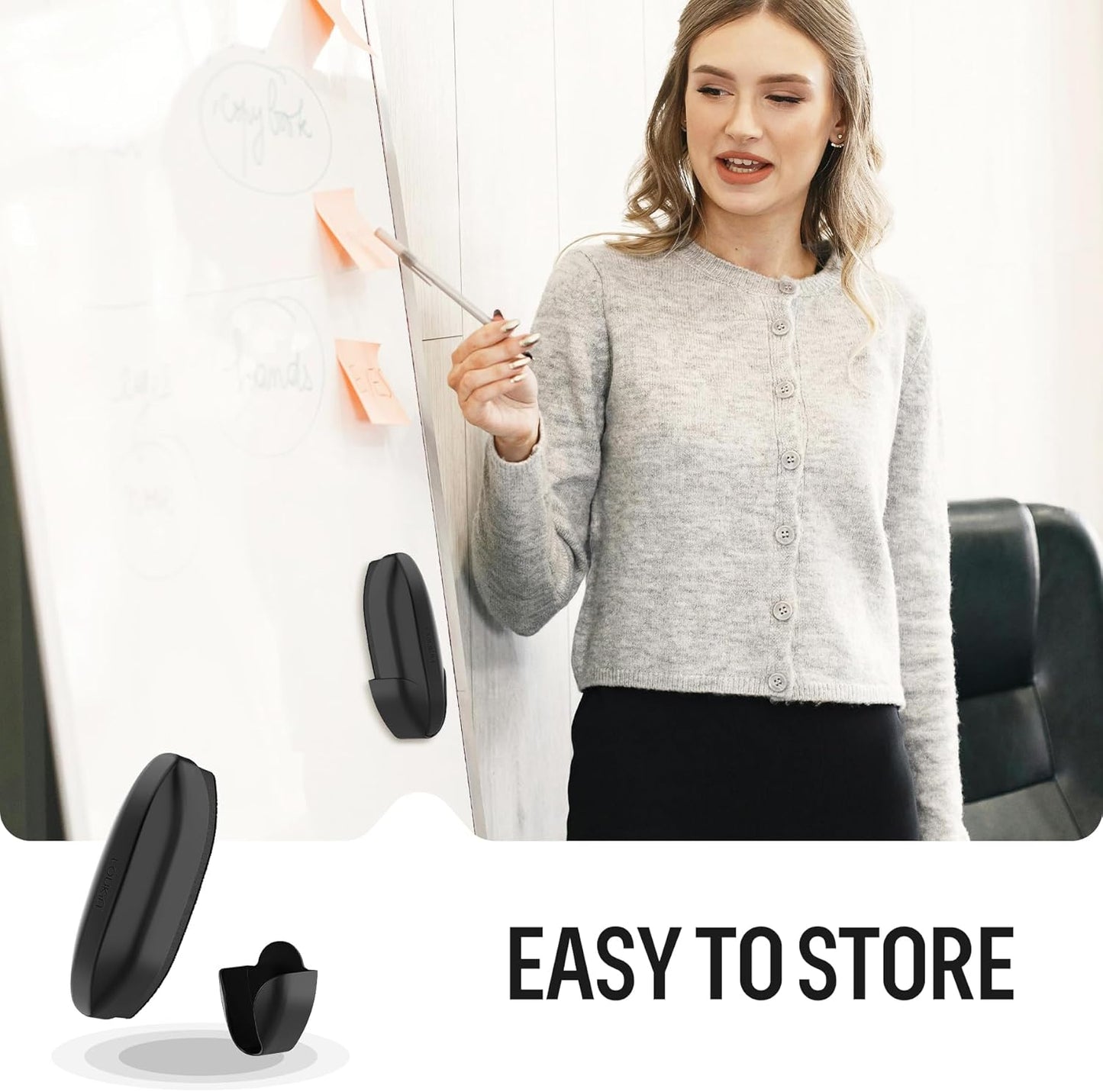 loukin Replaceable Dry Erase Eraser, Double-Sided Whiteboard Eraser with Magnetic Holder, Precision-Point Glass Board Wiper for Classroom, Home and Office (Whiteboard Cleaner Included), Black