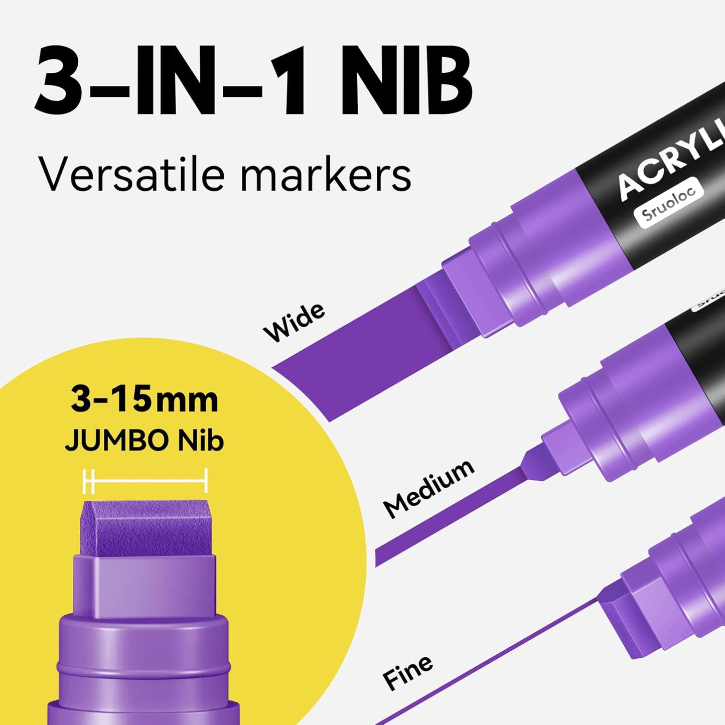 3 Jumbo Permanent Markers Purple, 15mm Thick Wide Tip, Large Acrylic Paint Markers for Rock Painting, Poster, Graffiti, Stone, Ceramic, Glass, Wood, Canvas