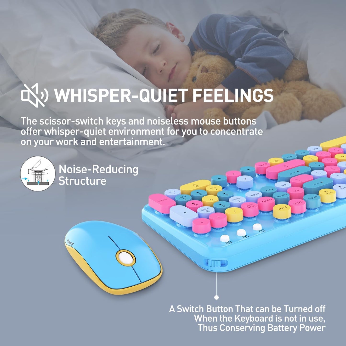 Keyboard and Mouse Wireless,Cute Retro Wireless Keyboard Mouse Combo with Round Key,2.4Ghz Dropout-Free Connection,Typewriter Wireless Keyboard Mouse Set for PC Laptop Desktop Computer-Blue Colorful