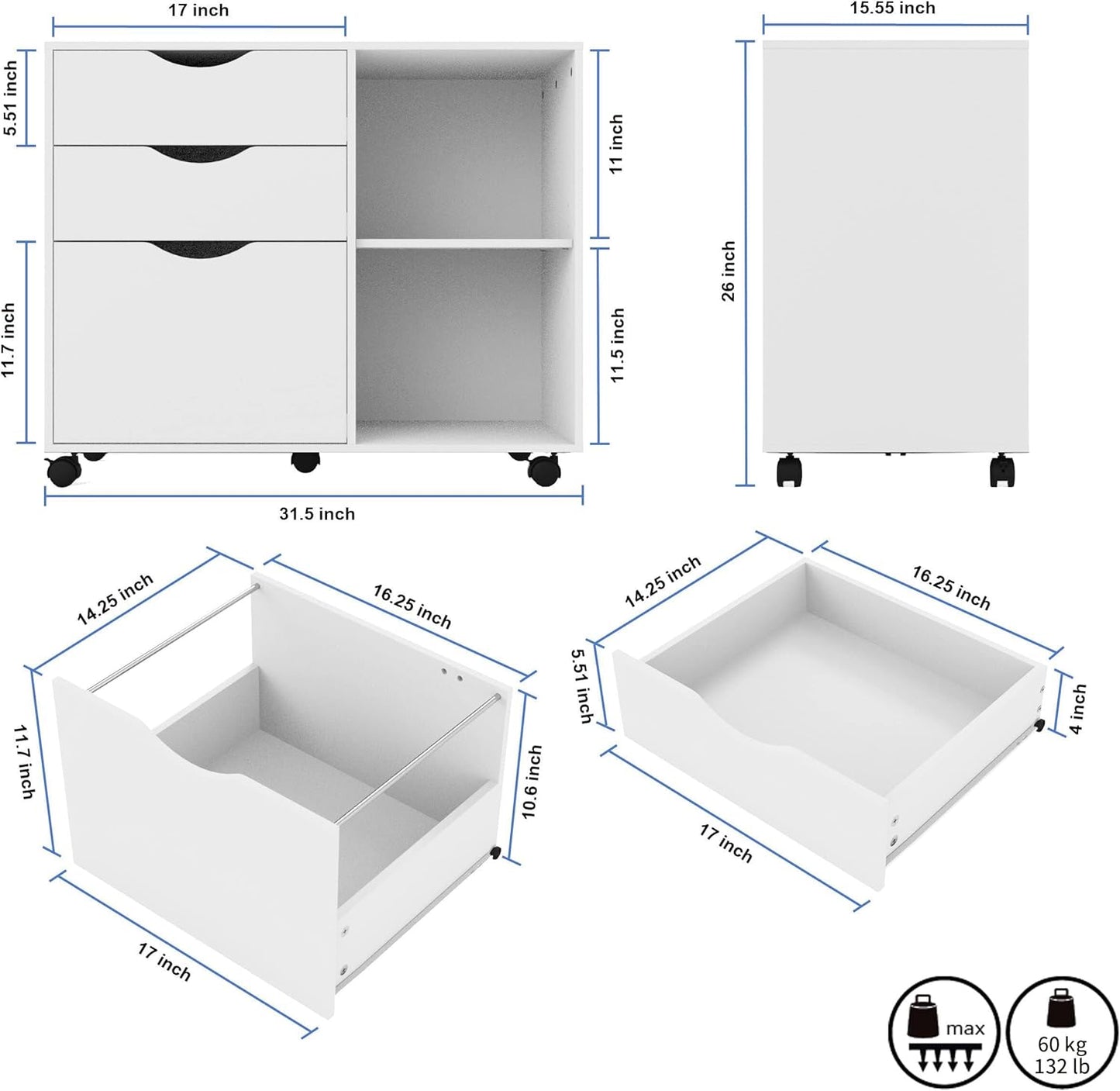 QDSSDECO 3-Drawer with Shelf Wood File Cabinet Mobile Lateral Filing Cabinet, with Rolling Wheel Printer Stand and Open Adjustable Storage Shelves, for Home Office, White