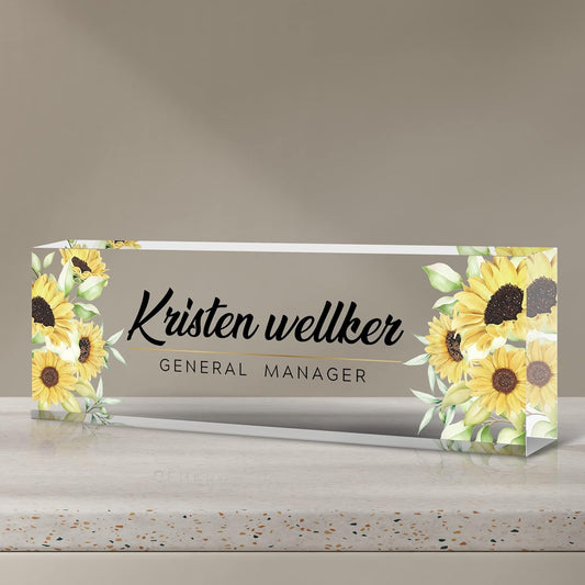 Desk Name Plate Personalized, Premium Sunflower Acrylic Desk Name Plate, Personalized Name Plate for Desk, Office Decor for Women or Men Coworkers, Boss, Employee, Teacher(Sunflower2)