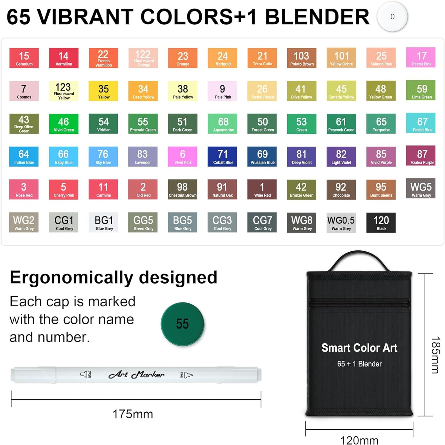 ChicRosa Art Markers, 65 Coloring Markers and 1 Blender, 66 Pack Alcohol Based Dual Tip Permanent Markers Highlighters with Case, Excellent for Adults Kids Coloring Marking Drawing Sketching (Black)