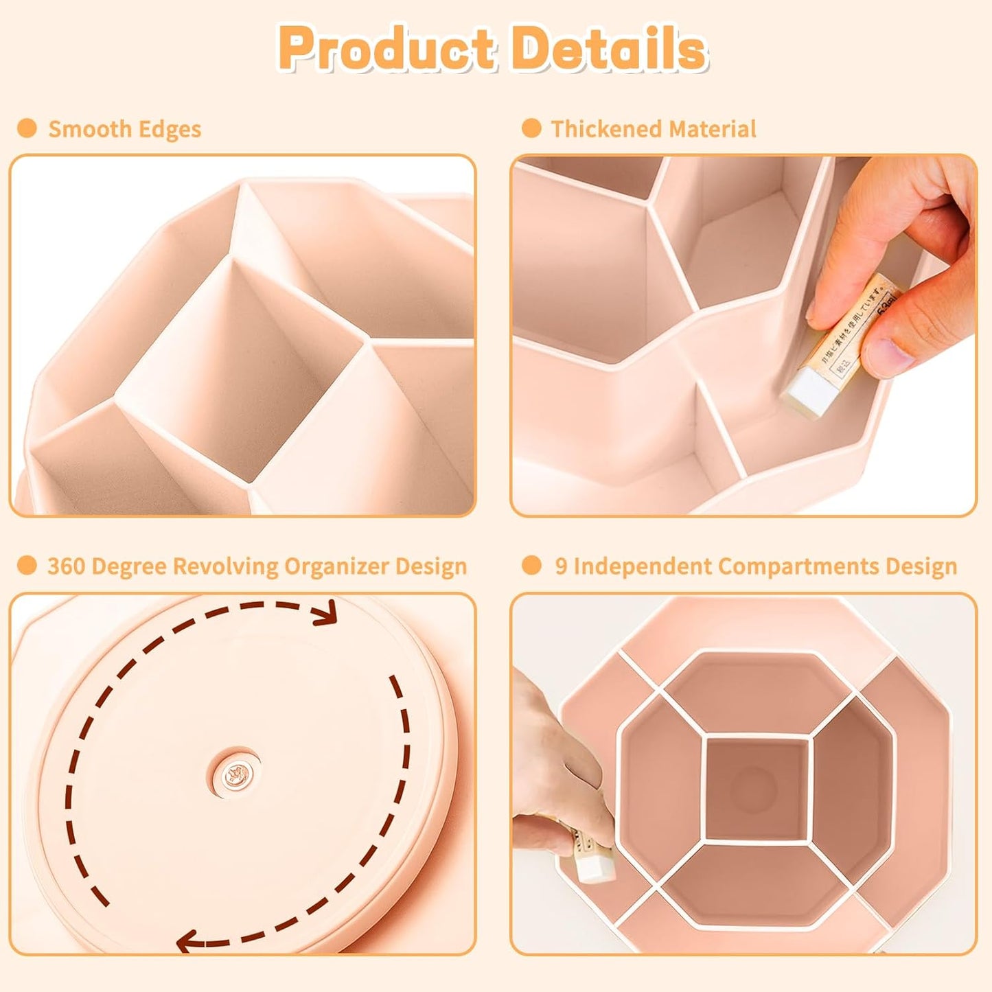 Pencil Pen Holder for Desk,9 Slots 360 Degree Rotating Desk Organizers,Desktop Storage Stationery Supplies Organizer, Cute Pencil Cup Pot For Office, School, Home(Pink)