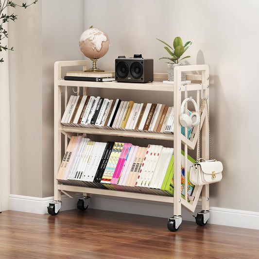 Bookshelf Movable Book Cart Multi-Layer Storage Rack Large-Capacity Rolling Cart L-Shaped Carbon Steel Shelf Suitable for Storing Books, Magazines, Newspapers, Shoes