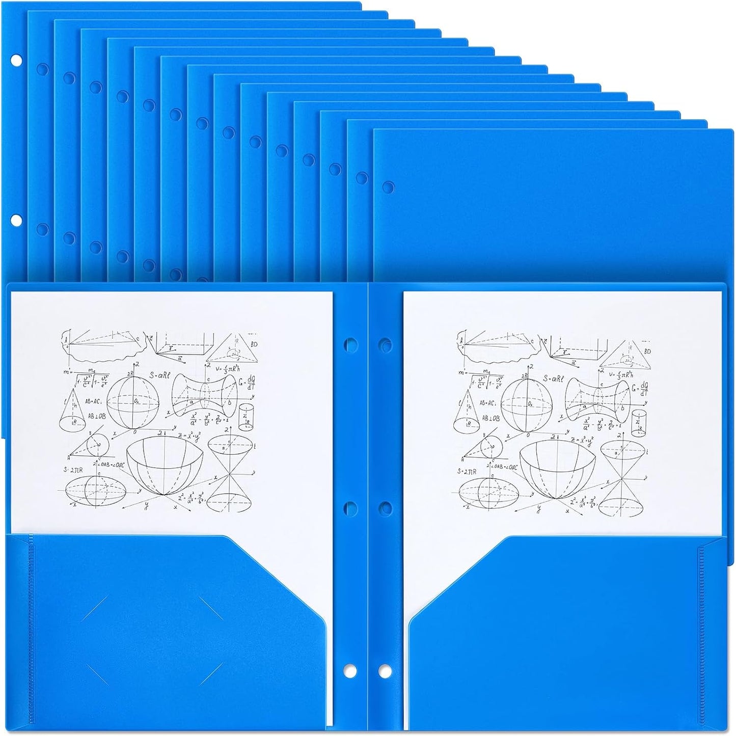 Yeaqee 50 Pcs Plastic Folders with Pockets Bulk 3 Hole Punched 2 Pocket File Folders for 3 Ring Binder Divider Folder for Notebooks, Durable Poly for Office Home (Blue)