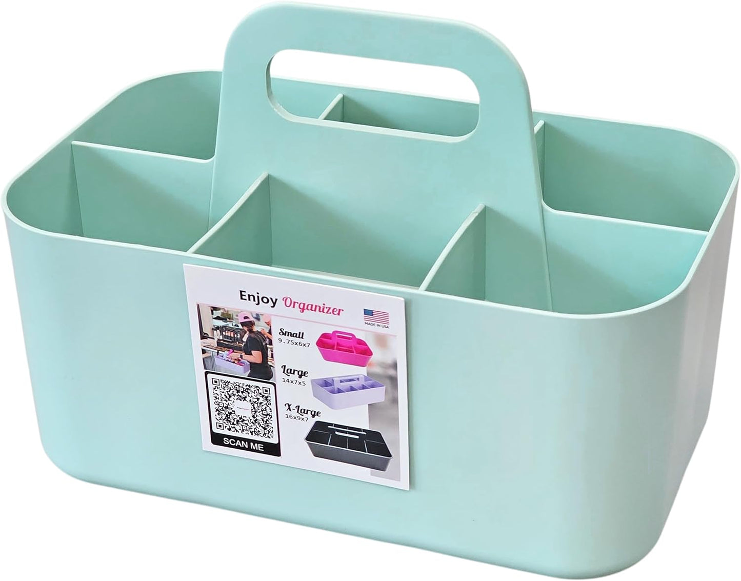 2 Pack Small 6 Compartment Multiuse Caddy Organizer with Handle Art Craft Supplies, Office, Desk, Stationery Pen Holder Stackable- Made In USA (Mint)