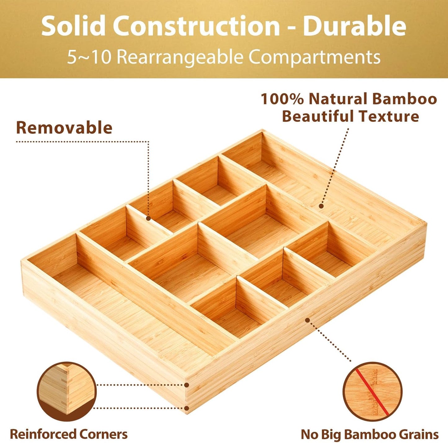 Umilife Extra Large Bamboo Desk Drawer Organizer, Wood Junk Organizer Tray with Adjustable Dividers, Anti-Skip Storage Organization in Office Bathroom Drawer for Vanity, Makeup, 17" x 12"