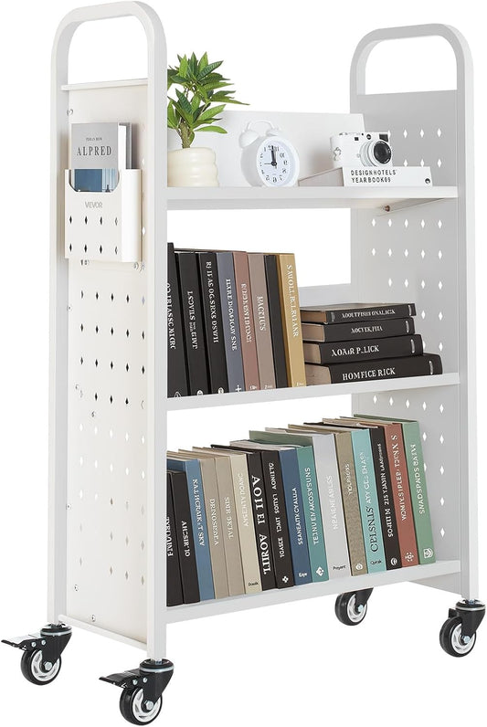 VEVOR Rolling Library Book Cart, 330 lbs Capacity, 30.3 x 15 x 48.0-Inch Library Cart, Single Sided V-Shaped Shelves with 3-Inch Lockable Wheels, Book Truck for Home Shelves Office and School, White