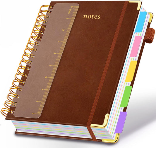 Hardcover Spiral Notebook 8"x10" Journal Notebook with Tabs and Removable Dividers 300 Pages 5 Subject Notebook College Ruled, Faux Leather Spiral Bound Notebook for Women, Students, School Work (Brown)