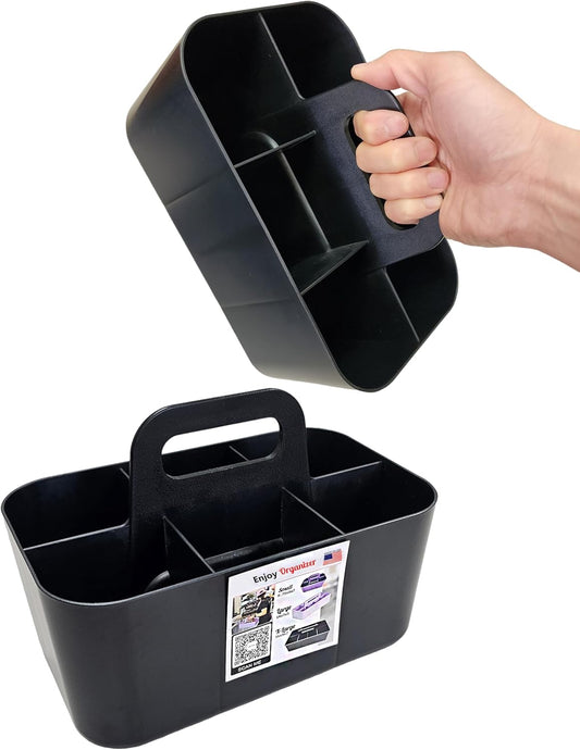 2 Pack Small 6 Compartment Multiuse Caddy Organizer with Handle Art Craft Supplies, Office, Desk, Stationery Pen Holder Stackable- Made In USA (Black)