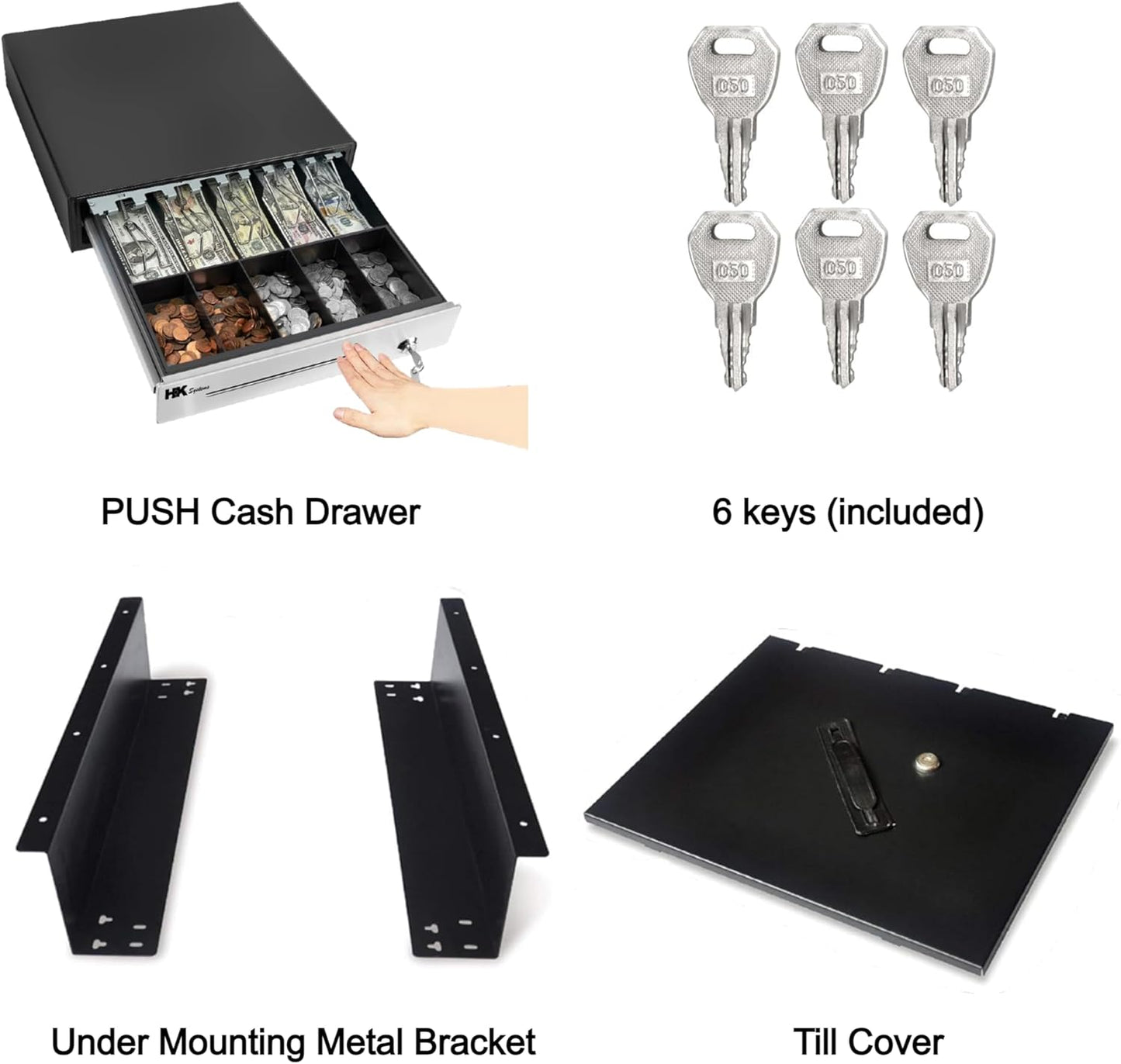 HK SYSTEMS 16" Heavy Duty Black"Push" Open Cash Drawer, 5B5C with Under Counter Mounting Metal Bracket and Till Cover
