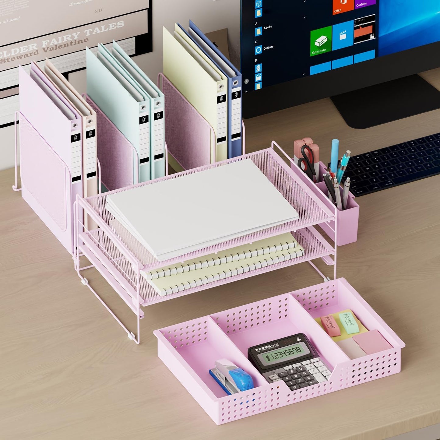 Desk Organizer, Office Organization with Vertical File Holder, File Organizer with Drawer and Pen Holder, Desk Accessories and Workspace Organizers for Home Office (Pink)