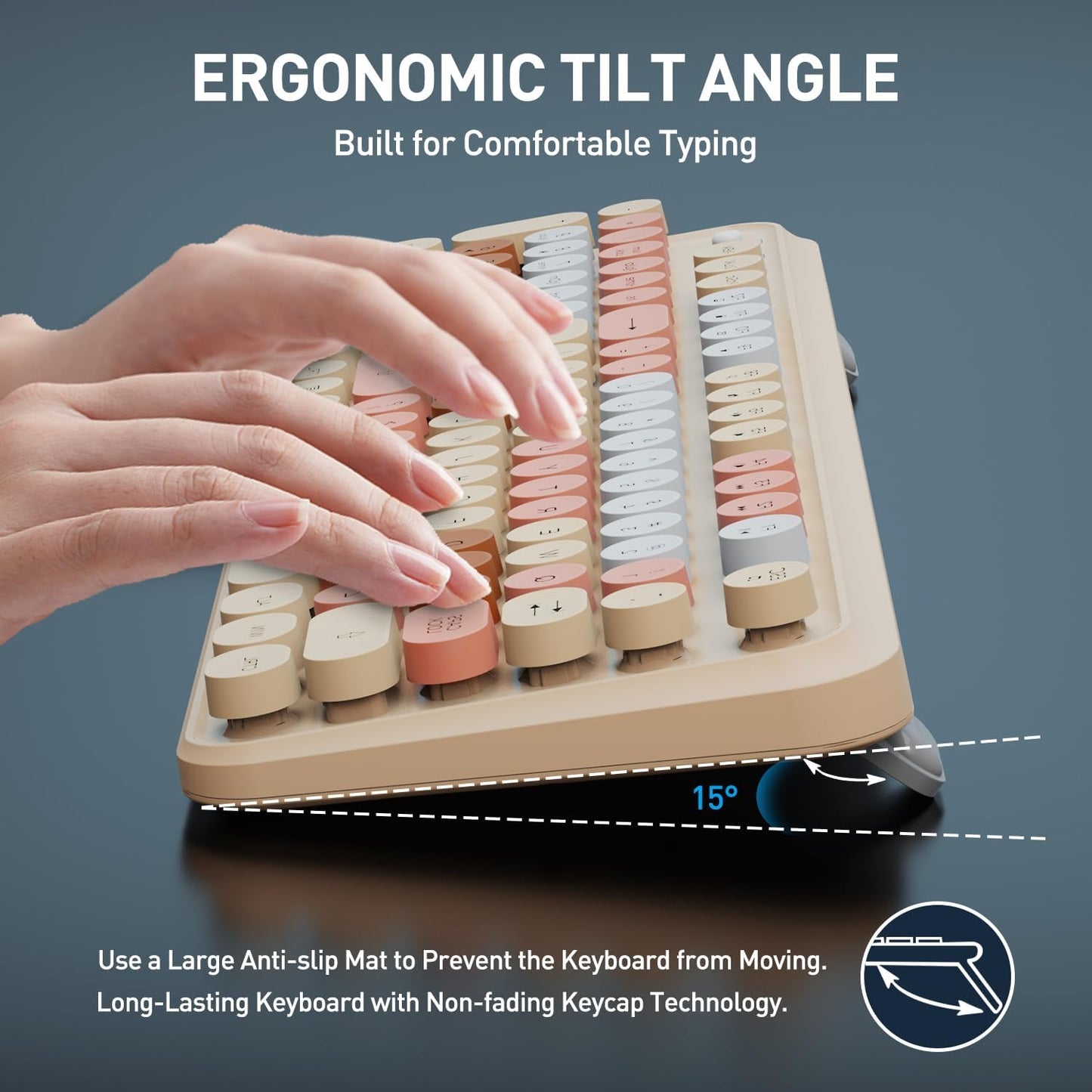 FOPETT 2.4GHz Wireless Keyboard and Mouse Set with Switch Button - Full-Size Keyboard - Compatible for Windows/Laptop/PC/Notebook/Smart TV and More - Milk Tea Colorful