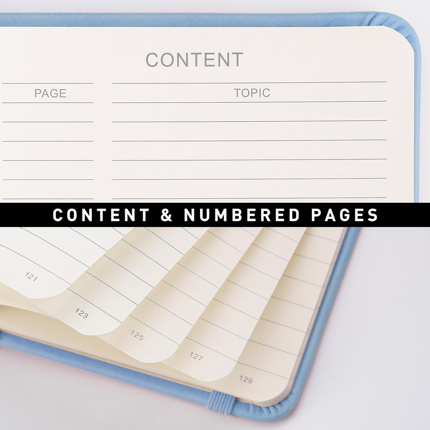 RETTACY Lined Journal Notebook, 192 Numbered Pages, A5 Medium Size (5.7'' x 8.3''), for Men & Women, Journaling, Writing, Work & Office, Leather Hardcover, 100 GSM Thick Paper (Light Blue)