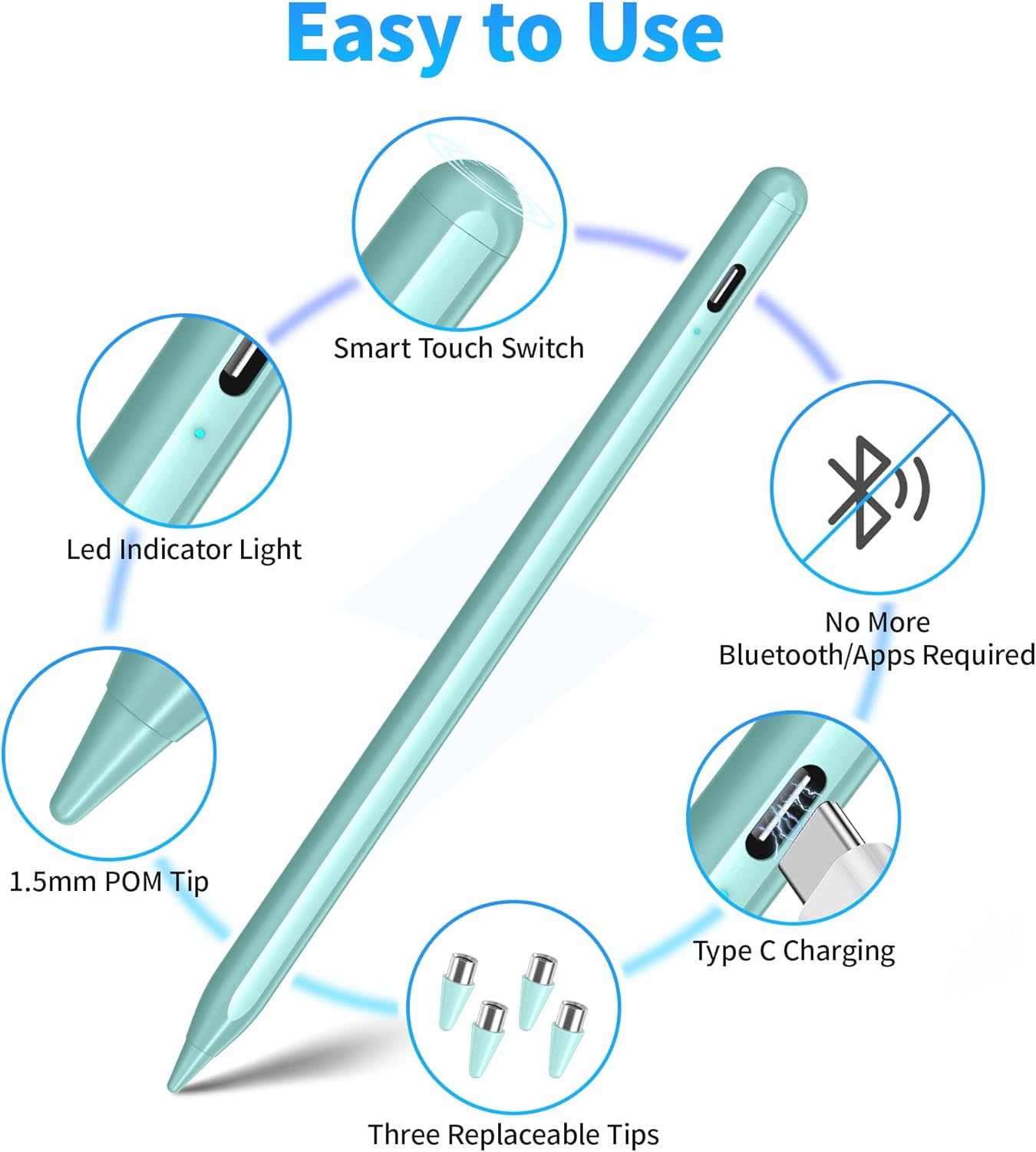 Stylus Pens for Touch Screen, DRYMOKINI Stylist Pen Compatible for Android and iOS Tablet/Phones, Rechargeable Universal Stylus Pencil Compatible for A-pple/i-Pad/Phone Tablet, Light Blue