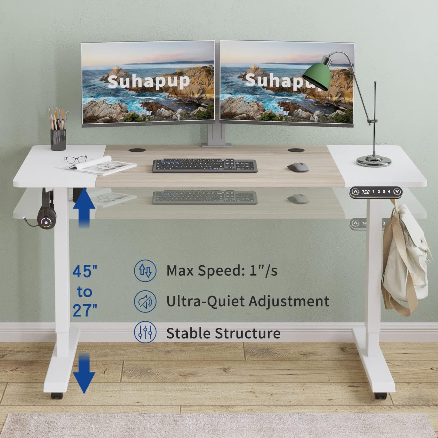 Electric Height Adjustable Standing Desk, 55 x 24 inches Sit - Stand Desk for Work or Home Office Push Button Memory Settings Oak+White Splice Board/White Frame