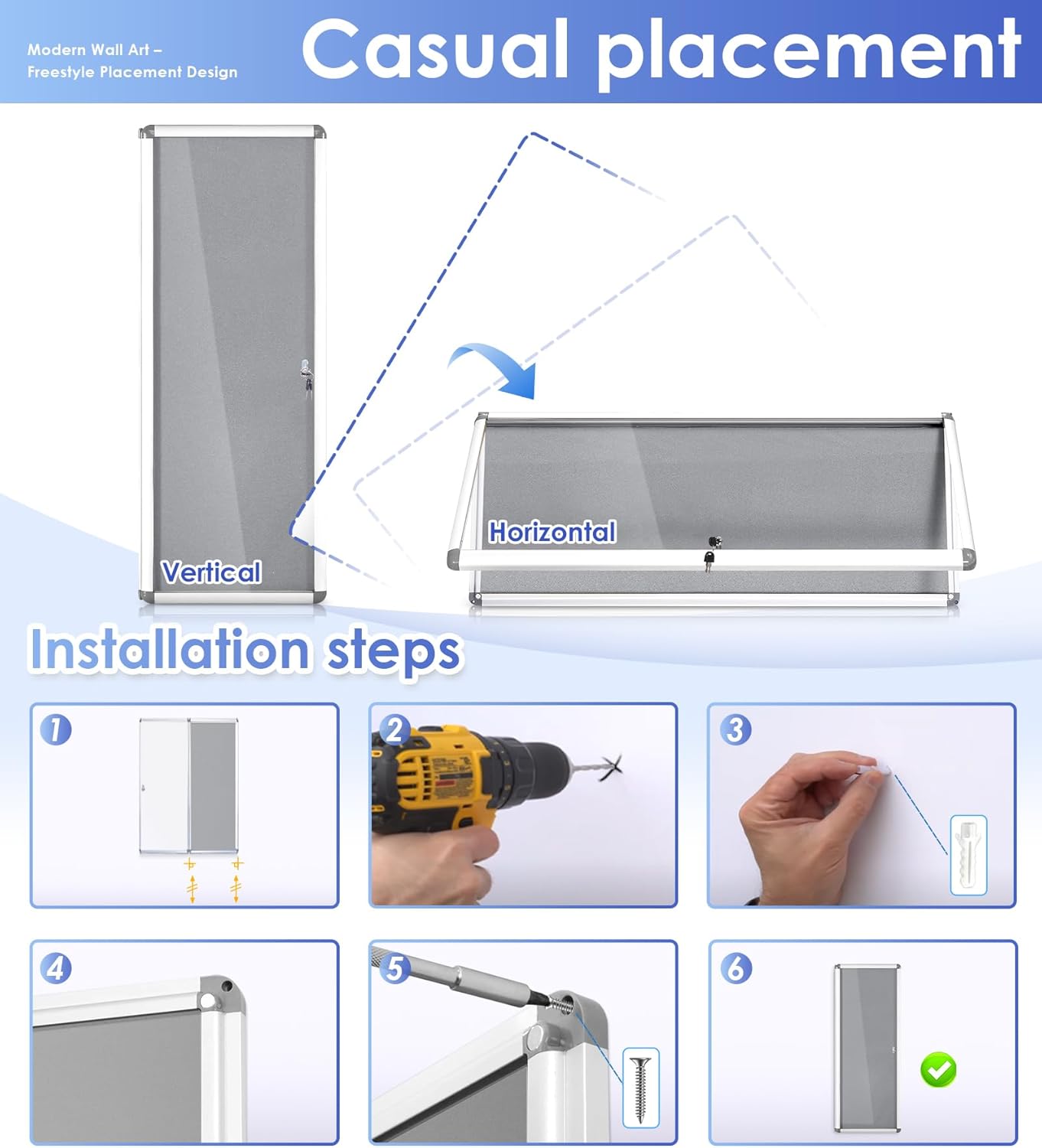 SWANCROWN Enclosed Noticeboard Grey Frabric Bulletin Boards Lockable Display Case Tamperproof with Keys Pins,38x14inch