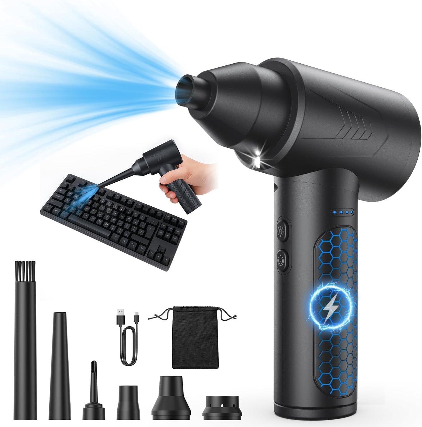 Electric Air Duster – 150000RPM Powerful Compressed Air Duster with LED Light, 3 Gears, 7500mAh Battery & Fast Charging, Rechargeable Air Blower for Computer, Keyboard, PC, Car, House & Outdoor