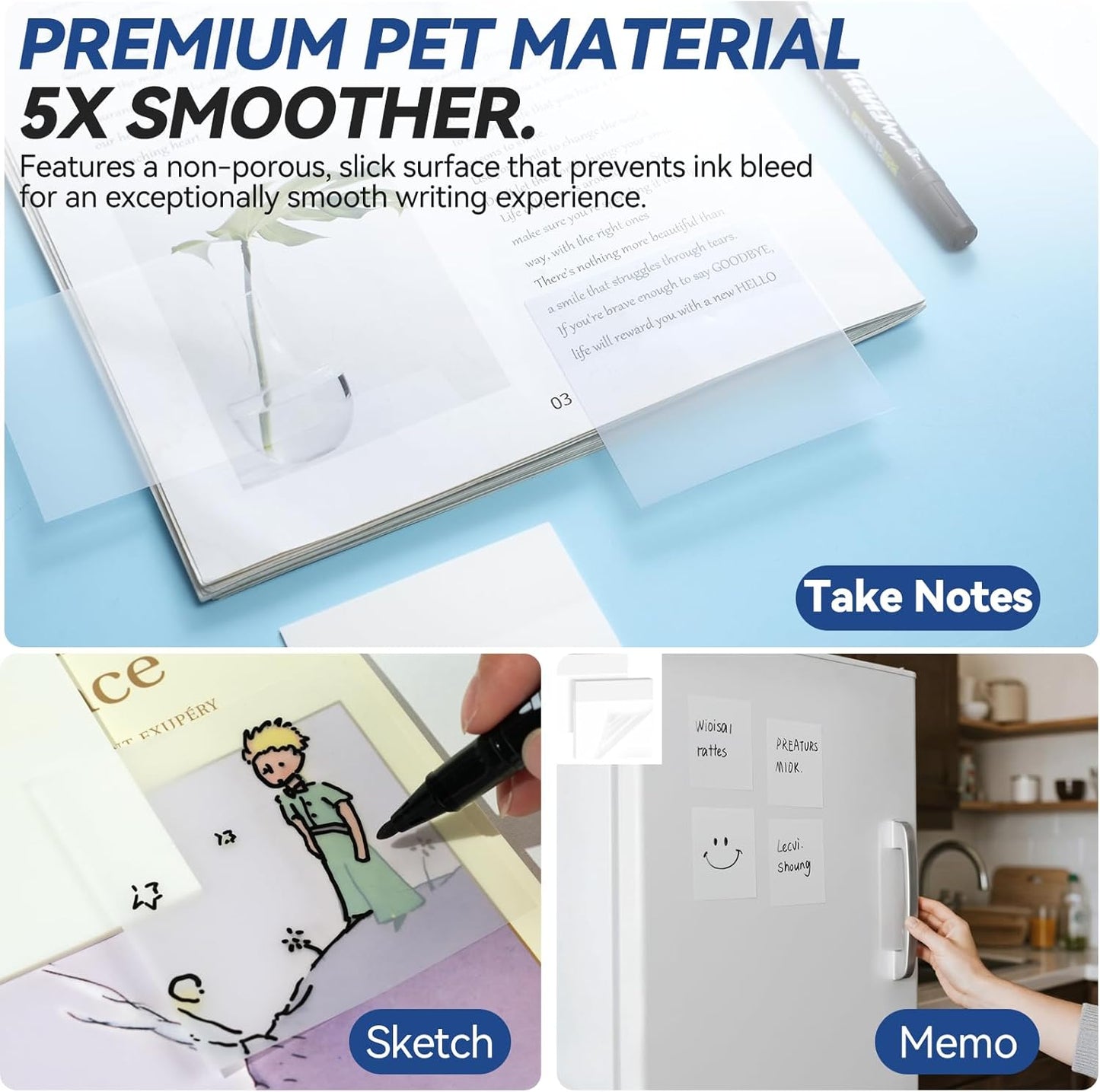 Transparent Sticky Notes with Sticky Index Tabs, Tecolu 【5X The Sticking Power】 Clear Sticky Notes Sets, Waterproof & See-Through PET Sticky Note, Translucent Sticky Note Pad