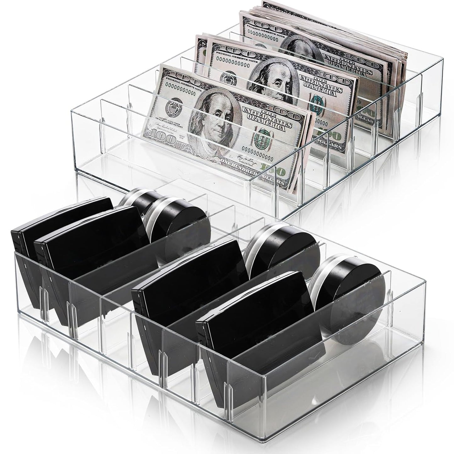 2 Pack Eyeshadow Palette Makeup Organizer, 8 Section Plastic Cash Organizer with Removable Devider, Clear Money Bill Budget Tray Cosmetic Display Holder for Mail, Envelop, Sunglasses, Cosmetic