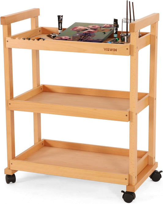 VISWIN Art Cart Organizer, Solid Beechwood Art Supply Storage Organizer with Caster Wheels, 3-Tier Multifunctional Rolling Utility Storage Cart for Studio, Classroom, Artists - Natural