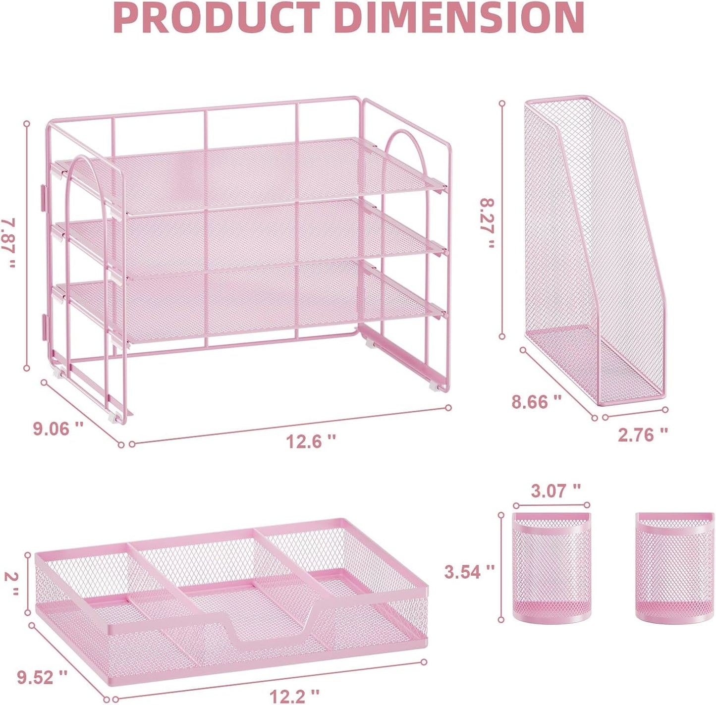 Marbrasse Desk Organizer and Accessories，4-Tier Paper Letter Tray Organizer with File Holder, Workspace Desk Organizers Accessories with Drawer and 2 Pen Holder (Pink, 15.4" x 9.1" x 8.3")