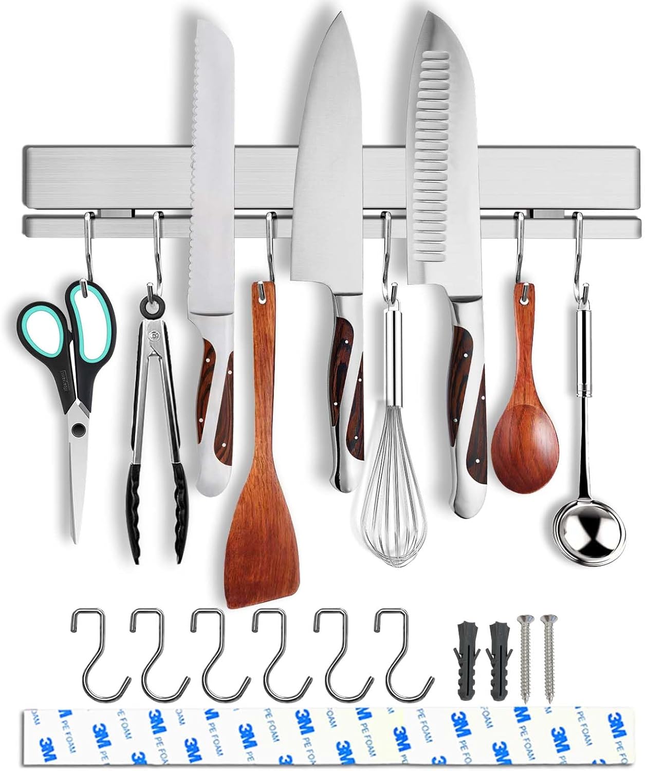 12 Inch Magnetic Knife Holder for Wall with 6 Hooks No Drill-Double Magnetic Bar Strong Adhesive Knife Magnetic Strip-Kitchen Utensil Hanger-304 Stainless Steel Magnetic Kitchen Knife Rack