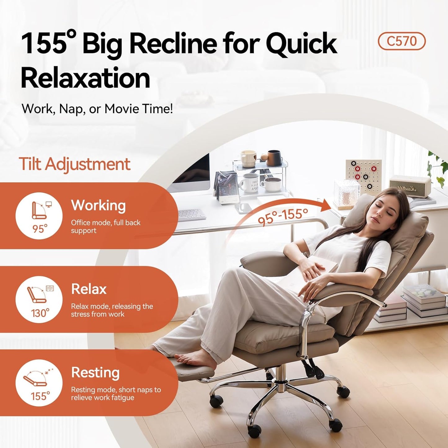 LEAGOO Reclining Office Chair with Foot Rest, Executive Office Chairs with Arms, Ergonomic High Back PU Leather Comfy Swivel Computer Desk Chairs with Wheels and Lumbar Support for Home Office, Khaki