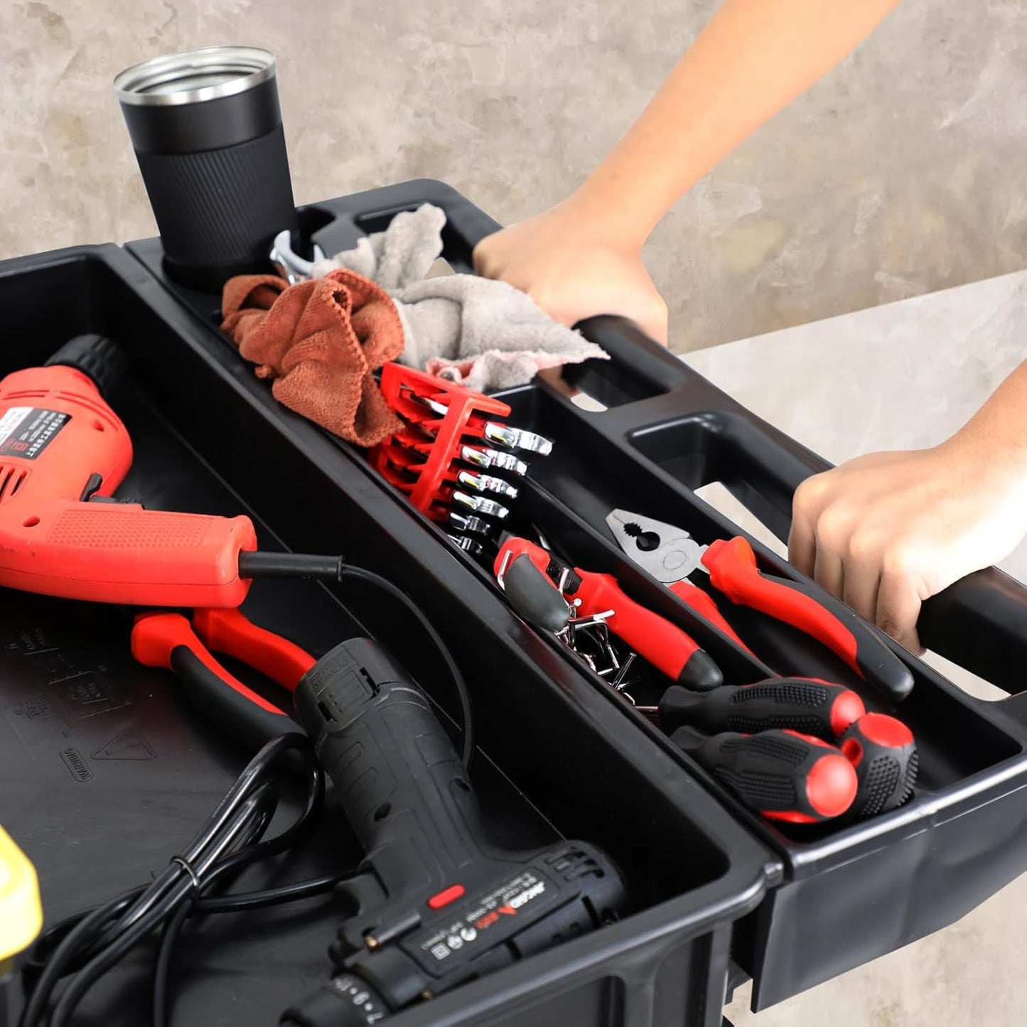 Utility Plastic Tool Cart, 46 x 26-Inch Rolling Service Carts Huge Storage W/Deep 2-Shelf Heavy Duty Cart with Wheels, 1000 lbs Capacity Organizer for Garage, Warehouse, Workshop, Black