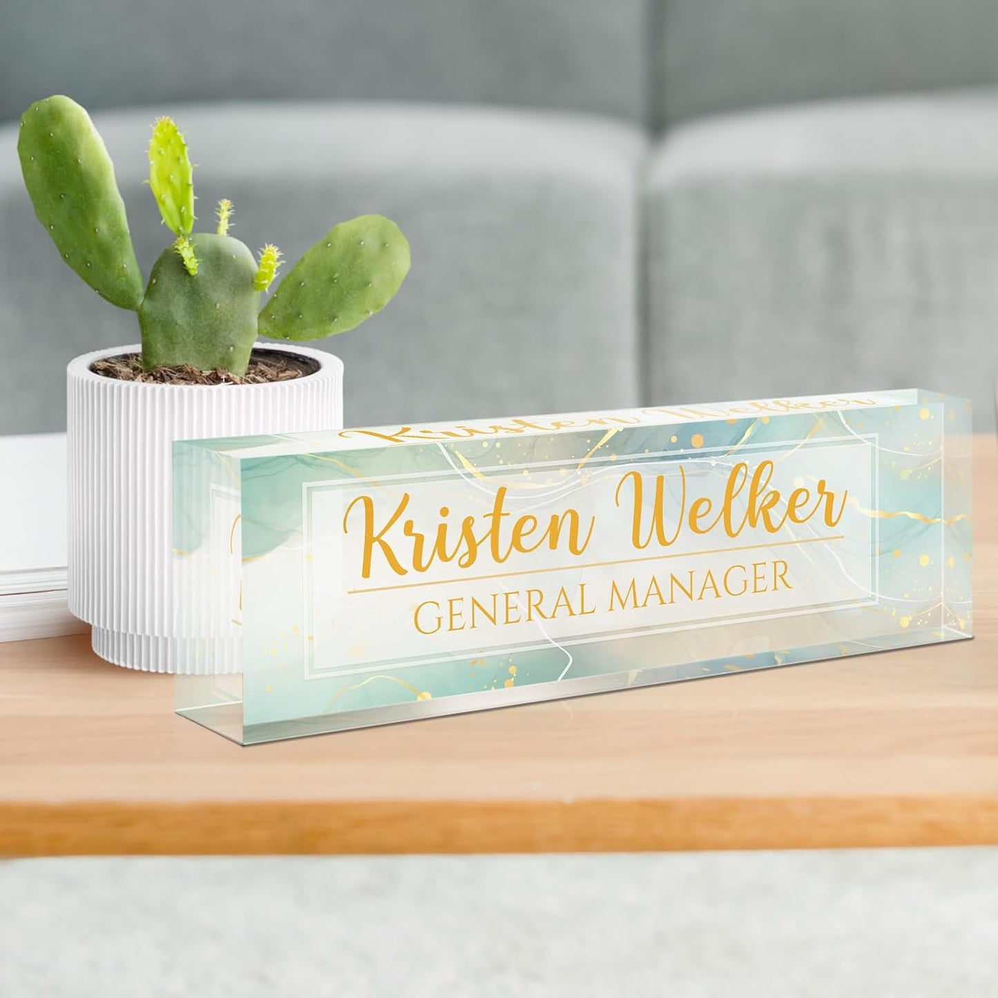 Gowellly Desk Name Plate Personalized - Custom Acrylic Name Plate for Desk - Enterprise Custom Logo/Text nameplates - Employee Appreciation Gifts (Light Green Marble)