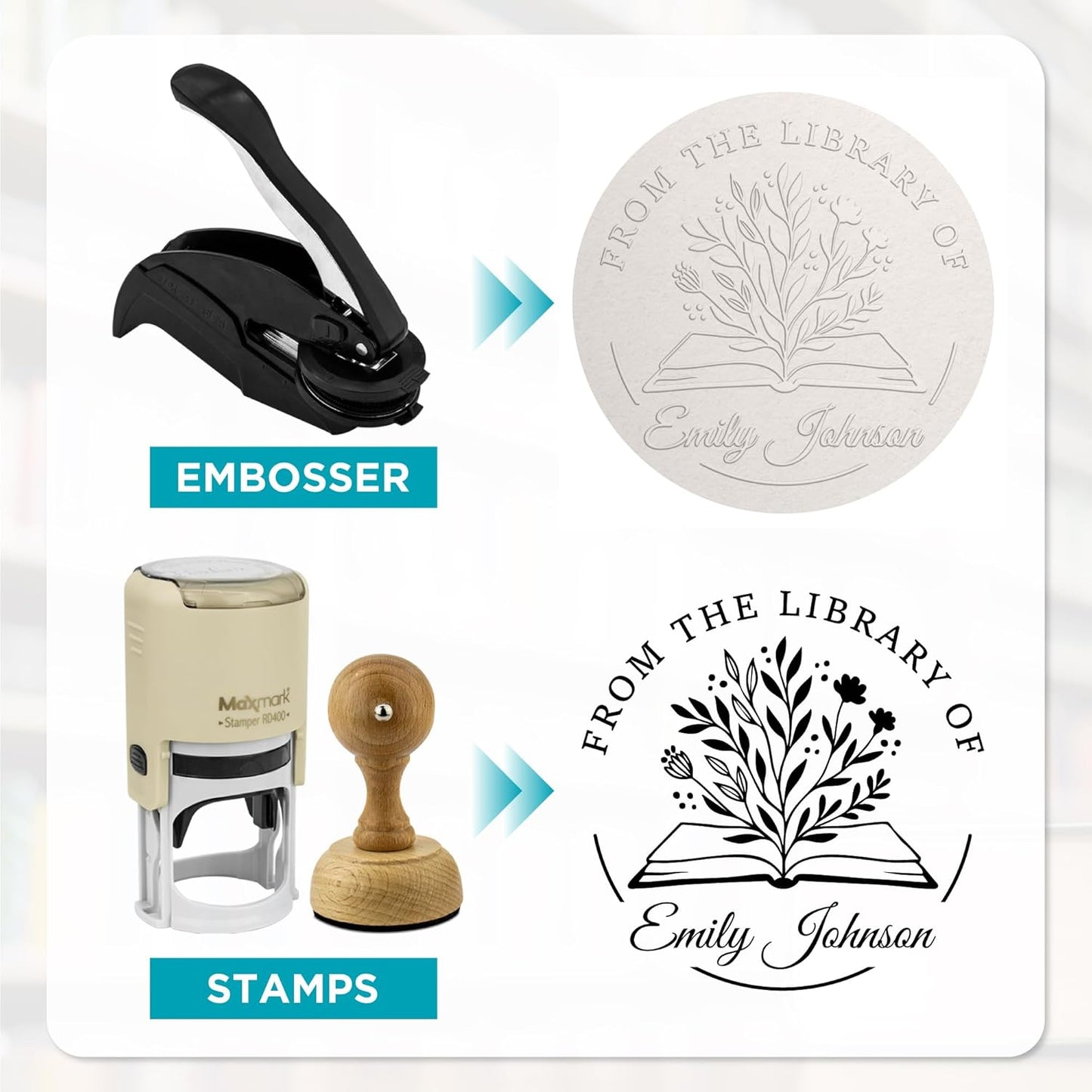 Custom Library Embosser - Style 111 - Embosser, Wood Stamp or Self Inking Stamp - Book Embosser Includes 50 Gold Seals - Custom Stamp Seal from The Library of
