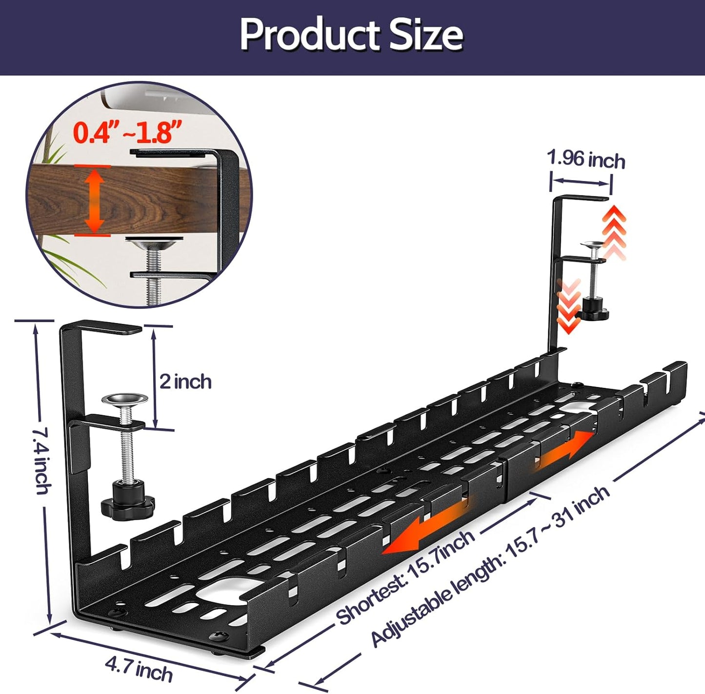 Shikha Cable Management Under Desk, 15.7"-31" Retractable Cable Management Tray, No Drilling Cord Organizer with Clamp for Desk, Under Table Wire Management Tray for Home Office