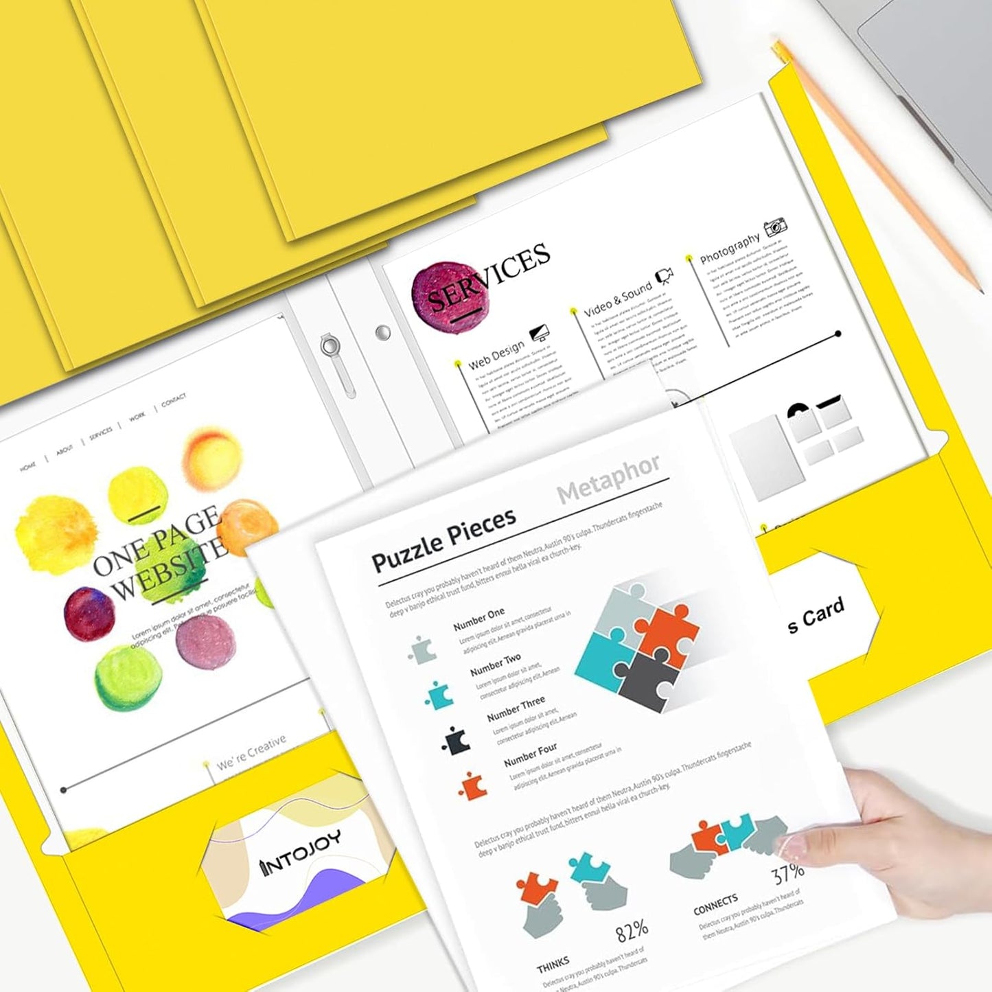 Folders with Pockets,IntoJoy 50 Pack Two Pocket Folders Business Card Holder Paper Folders with Prongs for School Office Filing Cabinet Resume Portfolio (Yellow)