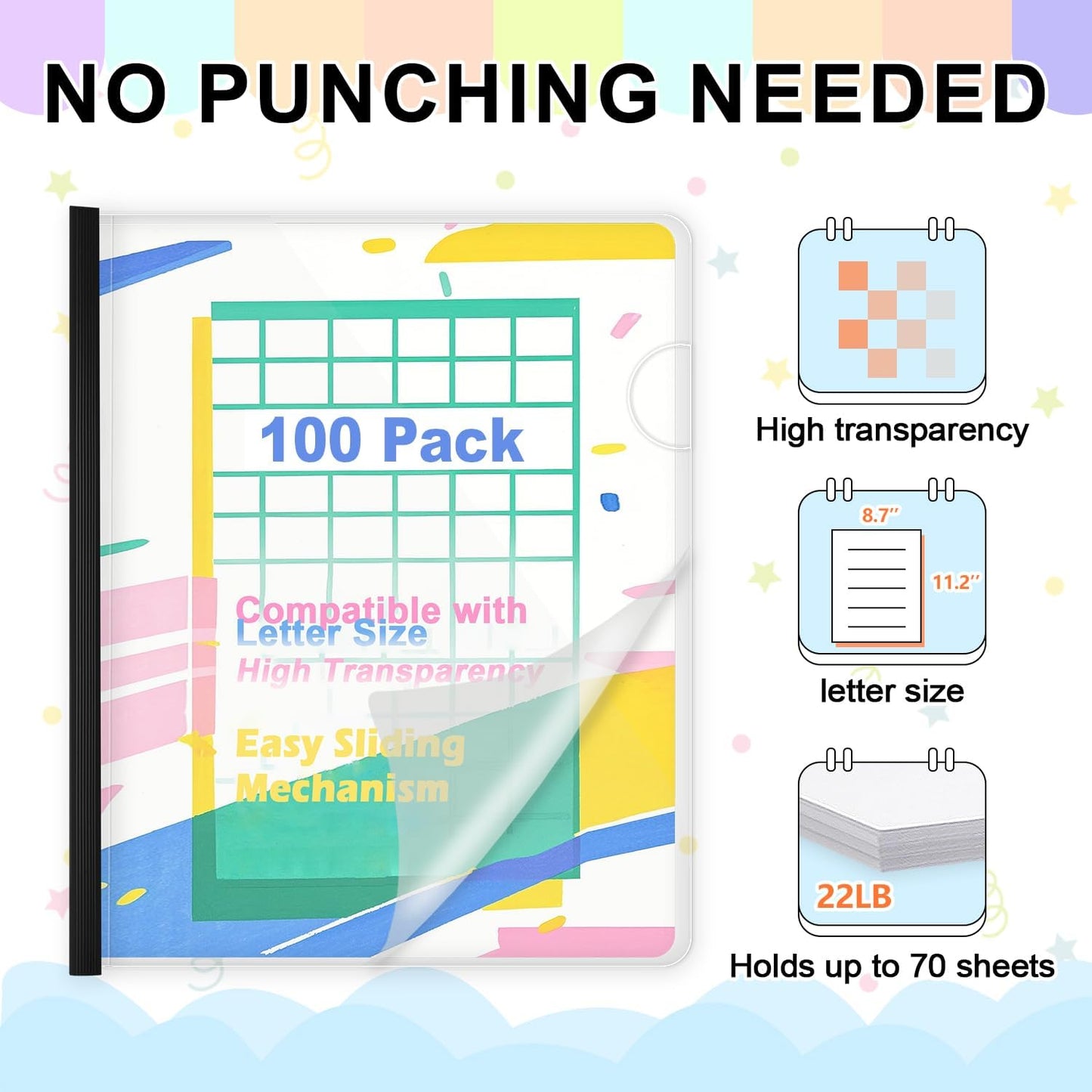 TOTiyea 100 Pack Letter Size Clear Report Covers with Sliding Bars, 9mm (70 Sheet Capacity) Sliding Bar File Folders, Black