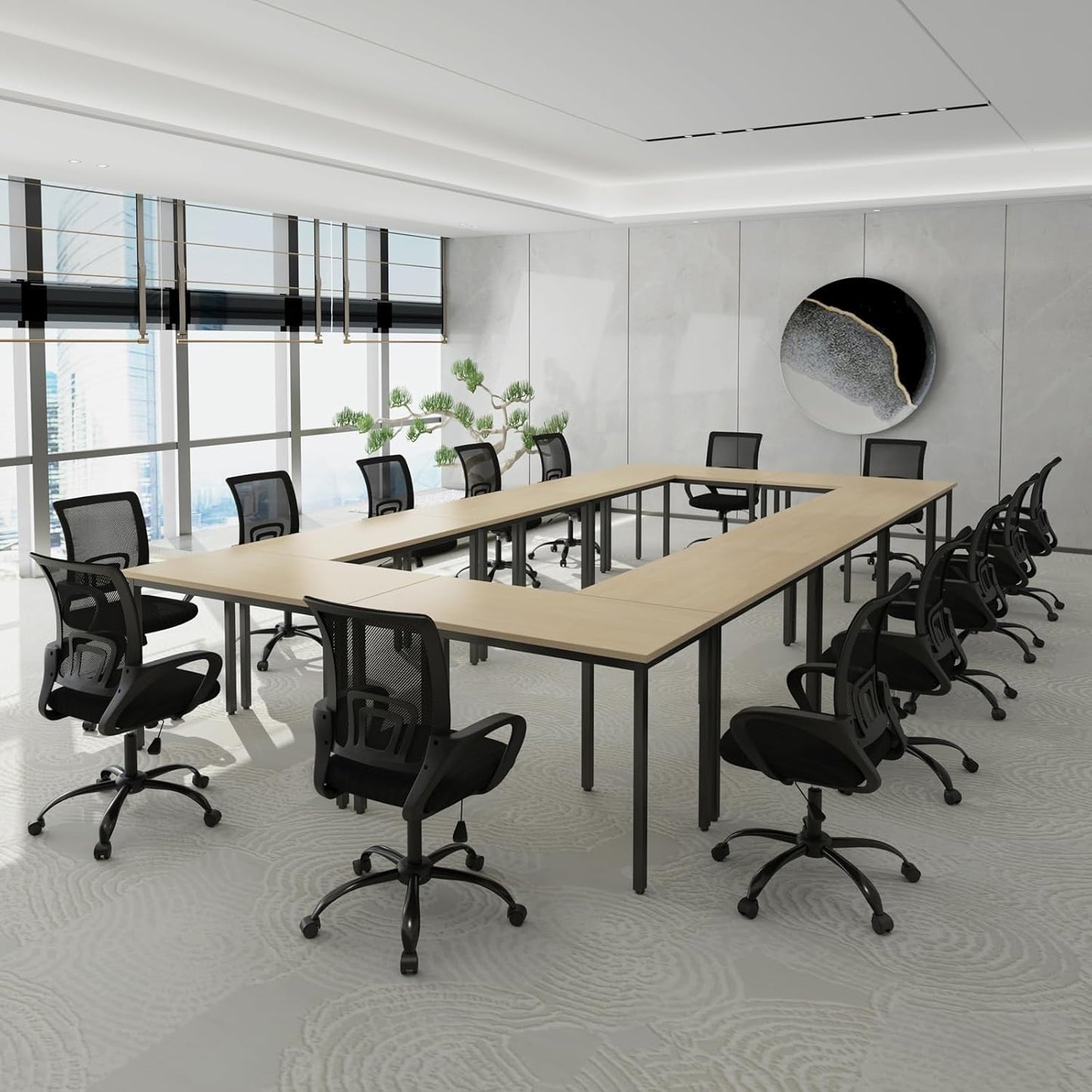 Bonzy Home Conference Tables 23ft Office Computer Desk for Meeting Room Classroom Writing Printer Podcast Table for 24 People, 10PCS 275.5"x47.2"x29.5", Natural