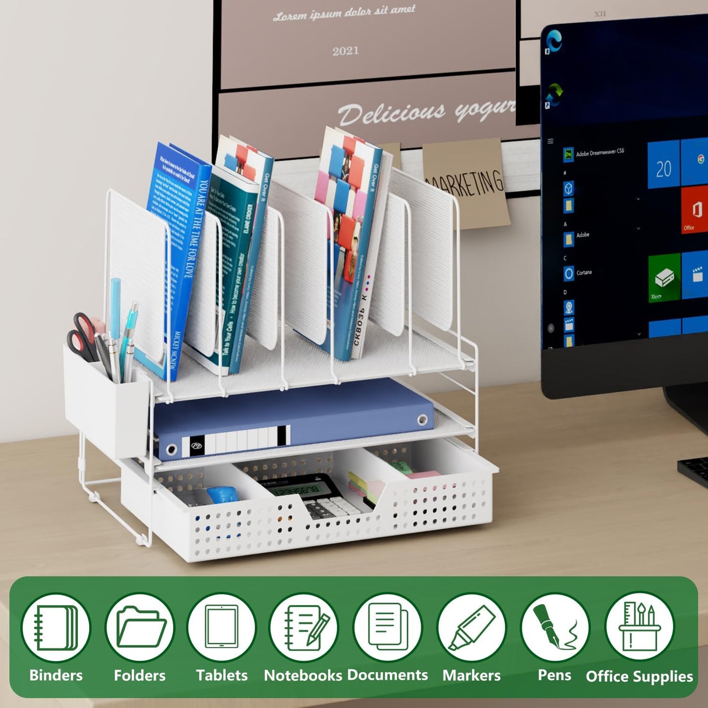 Desk Organizer, Office Organization with Vertical File Holder, File Organizer with Drawer and Pen Holder, Desk Accessories and Workspace Organizers for Home Office (White)