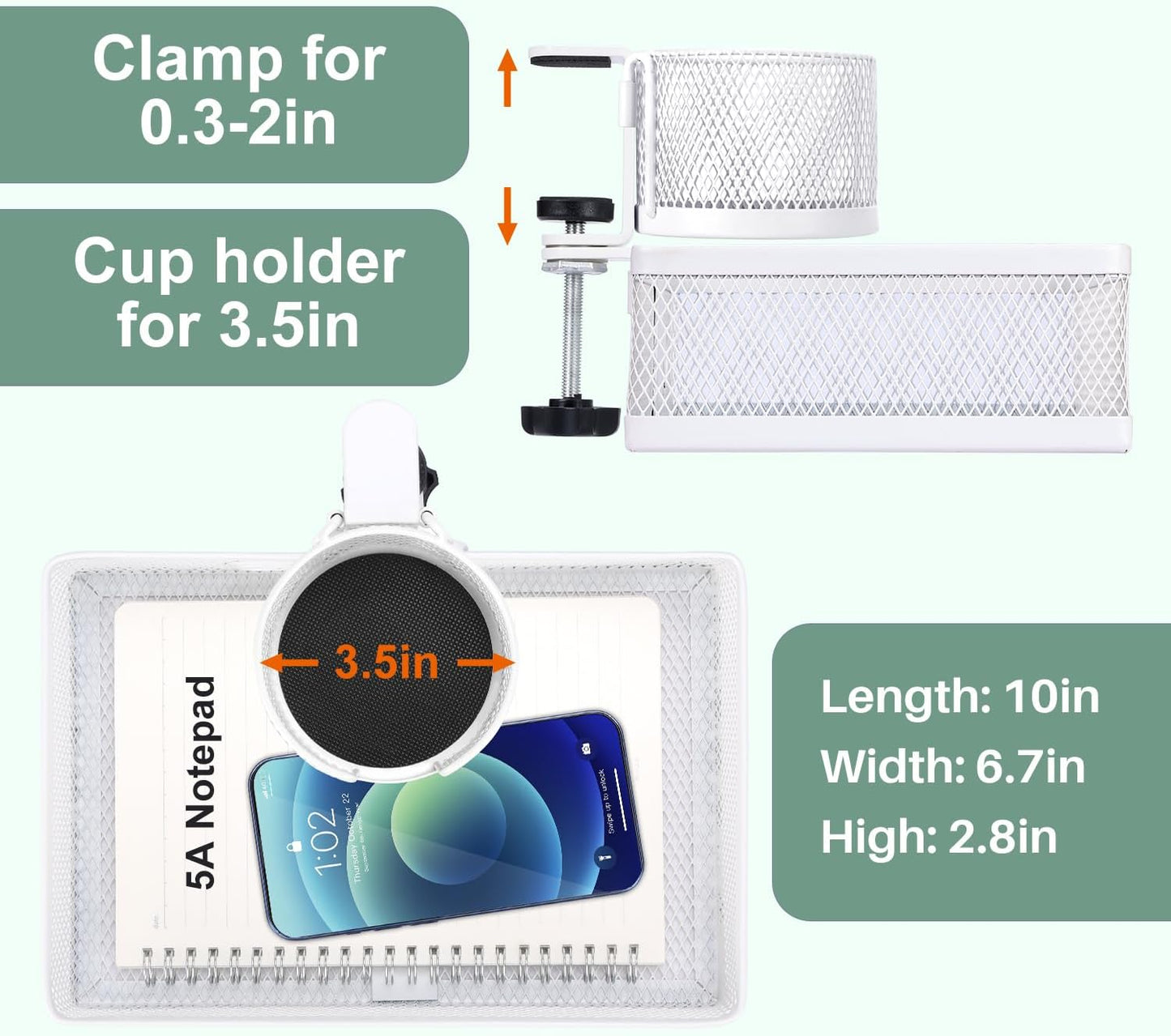 ROSYLINE 360°rotation under desk drawer, Drawer Under Desk Storage Organizer, Rotary Desk Storage Organizer with Cup Holder, Under Desk Storage, Clamp Drawer Basket, sturdy and durable (White)