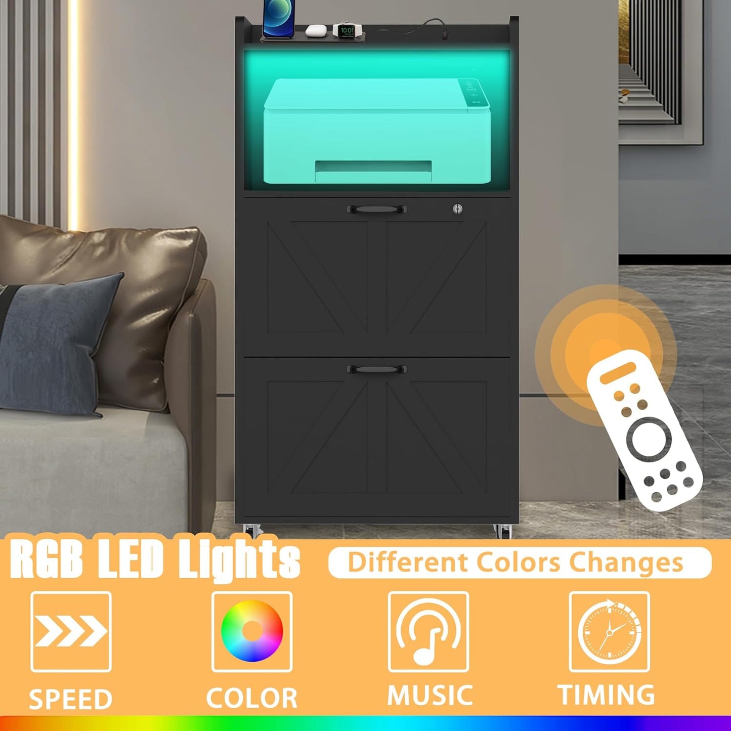 2 Drawer File Cabinet On Wheels & Charging Station, Wood Filing Cabinet with Lock & LED Light, Large Storage Printer Stand for Home Office, Black